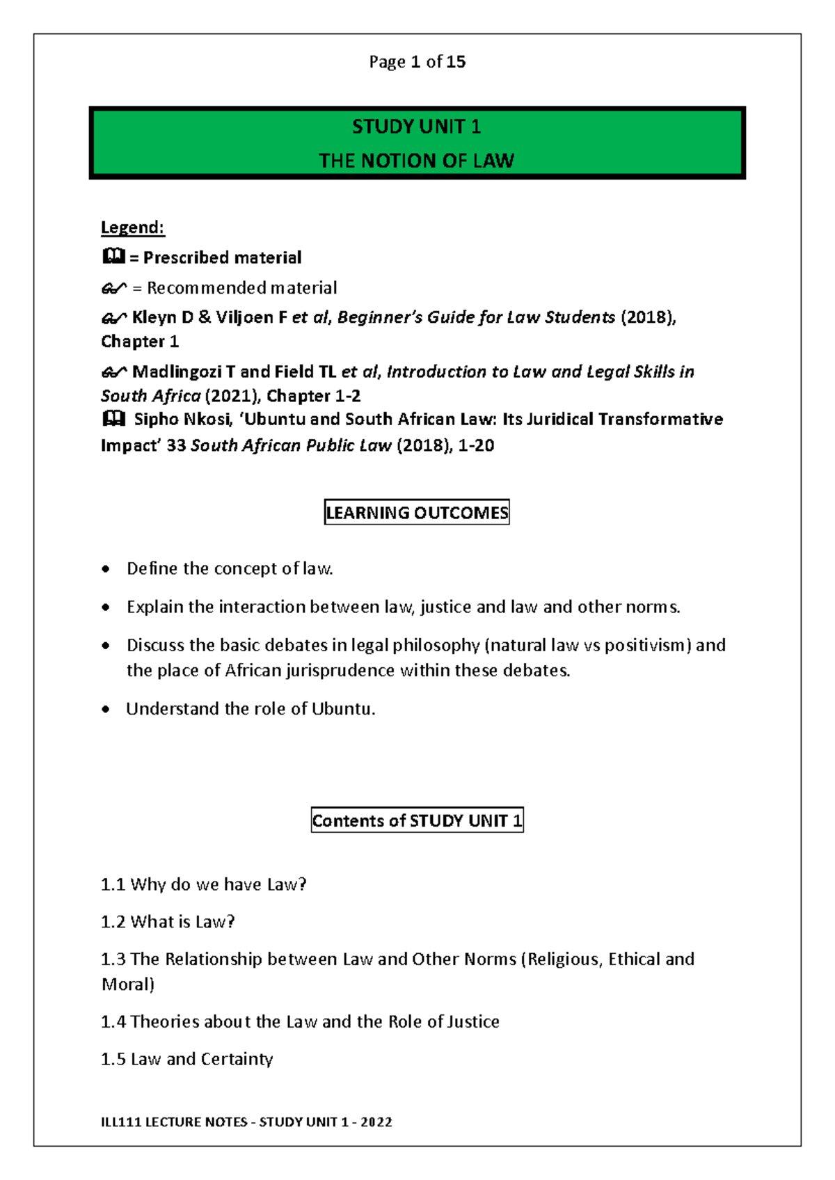 ILL111 Lecture Notes - Study Unit 1: The Concept of Law in 2022 - Studocu