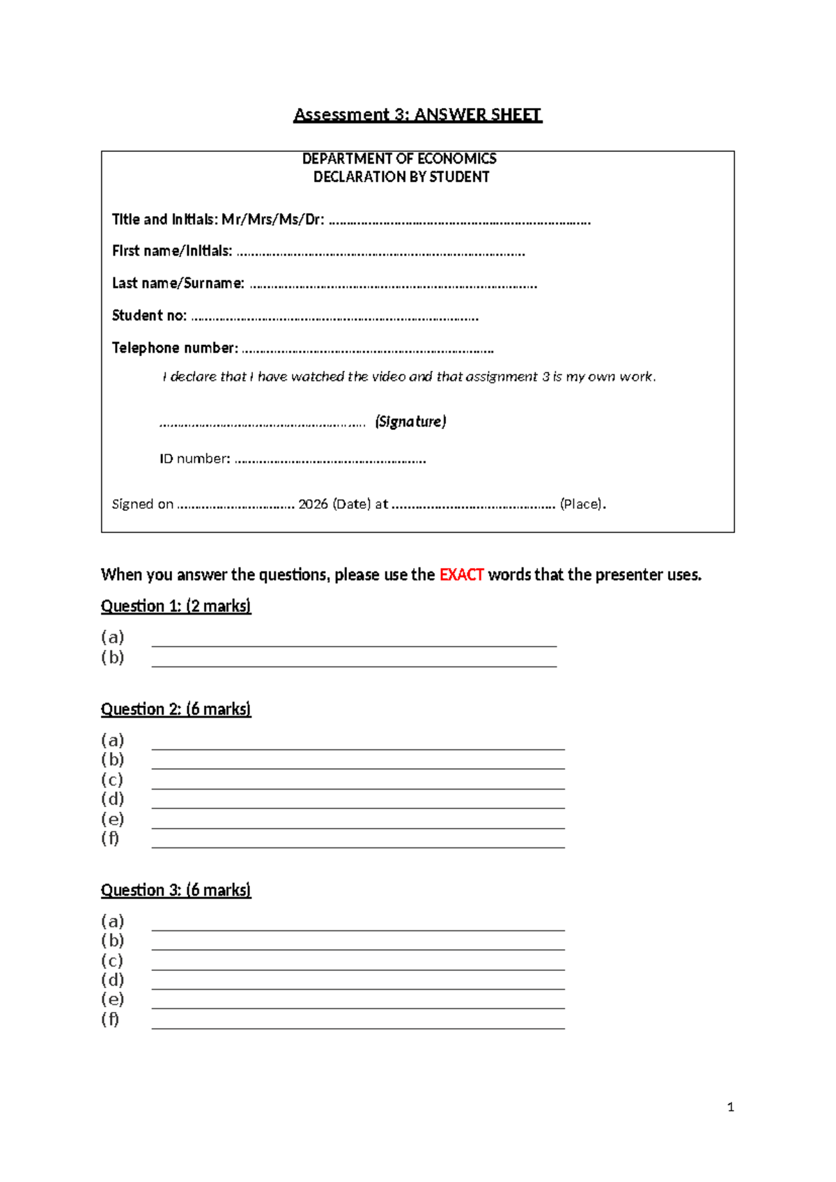 2026 Assessment 3 Video Answer Sheet First semester - Assessment 3 ...