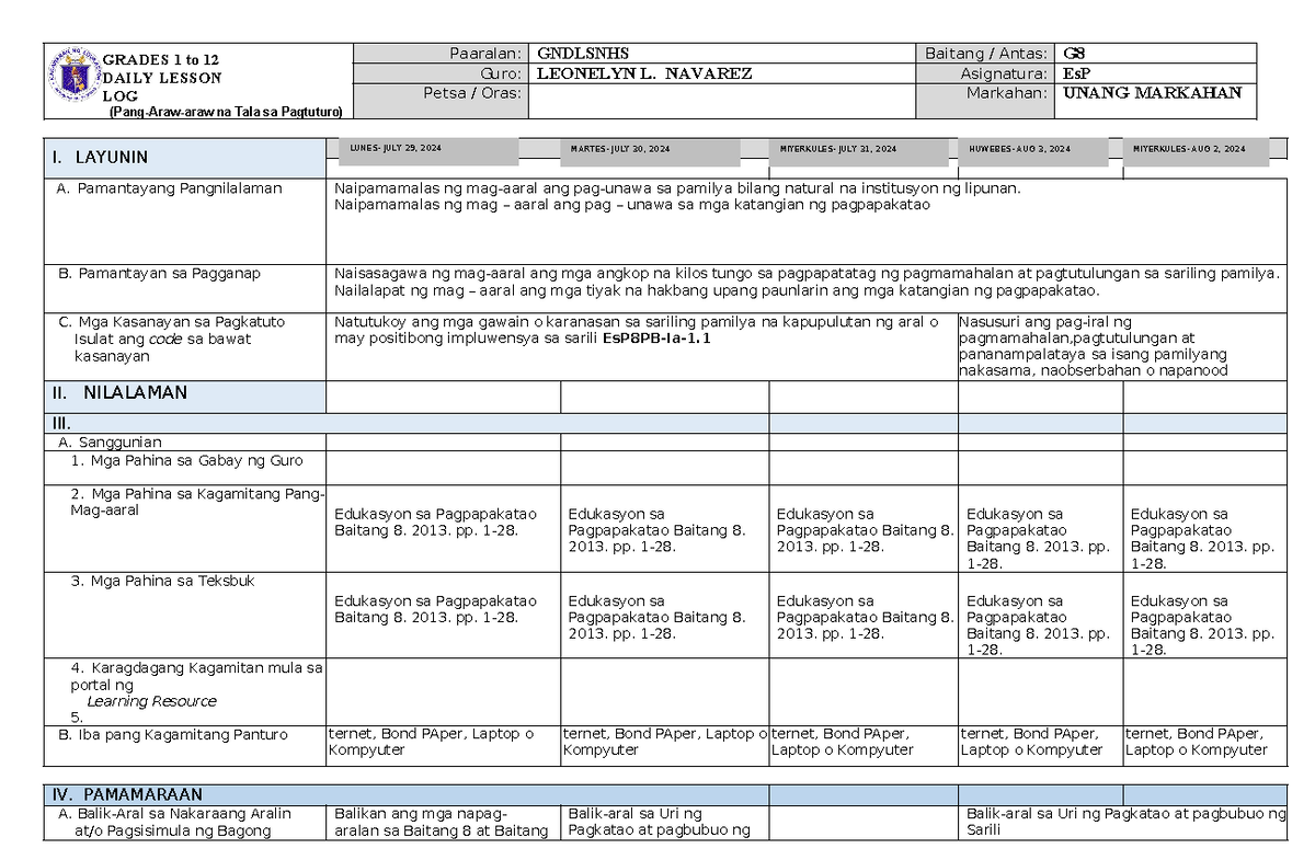 DLL in ESP - ESP 8 - GRADES 1 to 12 DAILY LESSON LOG (Pang-Araw-araw na ...