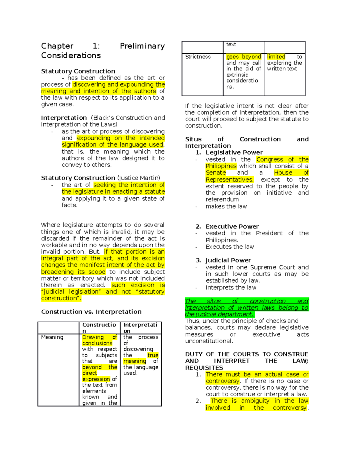 Sample Notes for Statutory Construction (Law 101: Chapter 1) - Studocu
