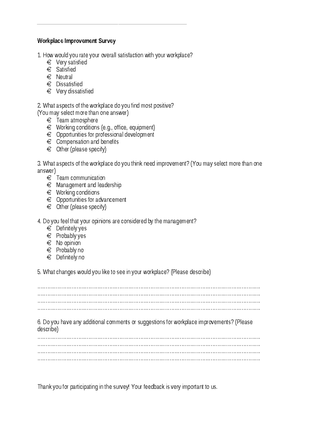 Workplace Improvement Survey 2: Feedback on Conditions and Satisfaction ...