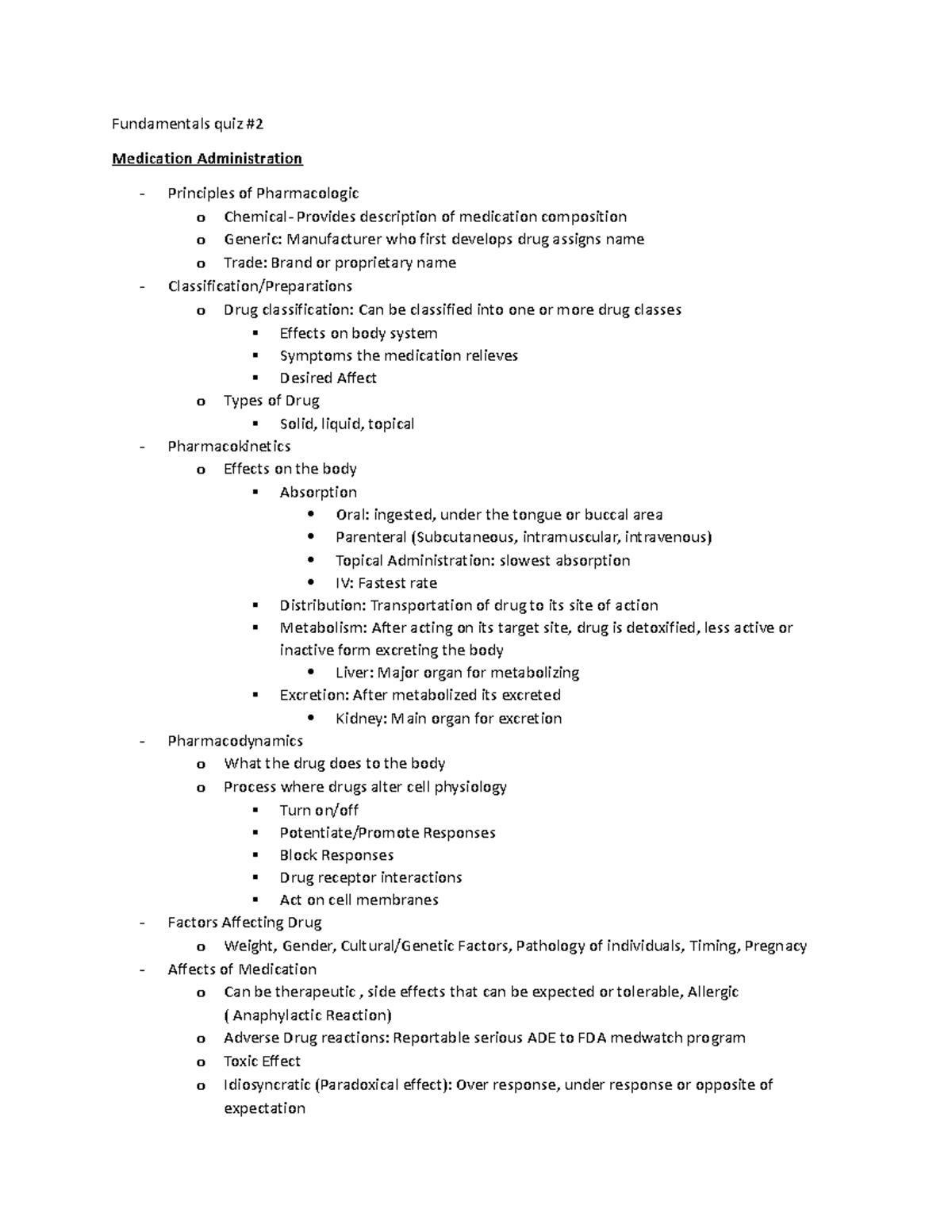 Fundamentals Quiz #2: Medication Administration Review Guide - Studocu