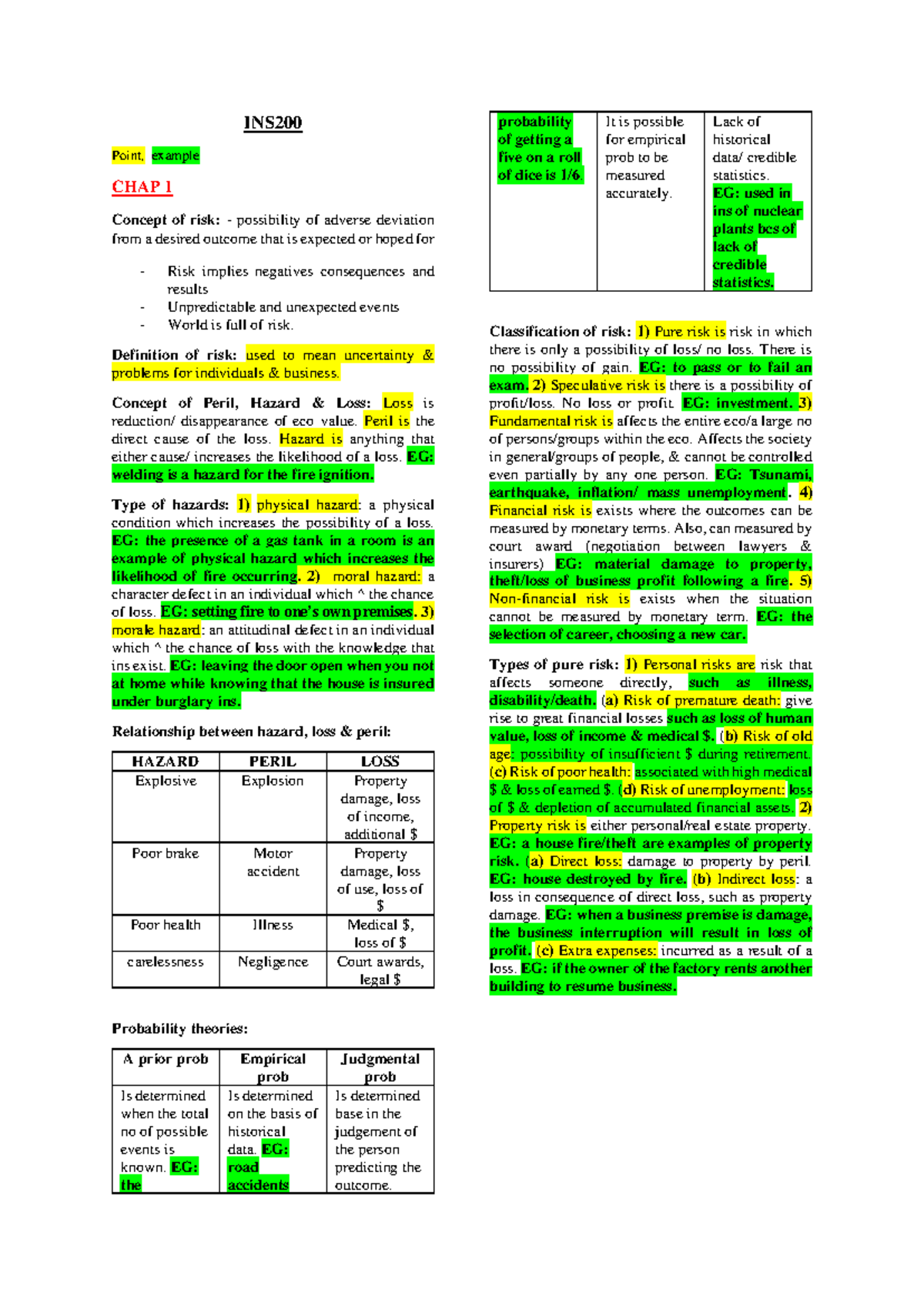 INS200 NOTES: CHAPTERS 1-3 ON RISK CONCEPTS & MANAGEMENT - Document Preview