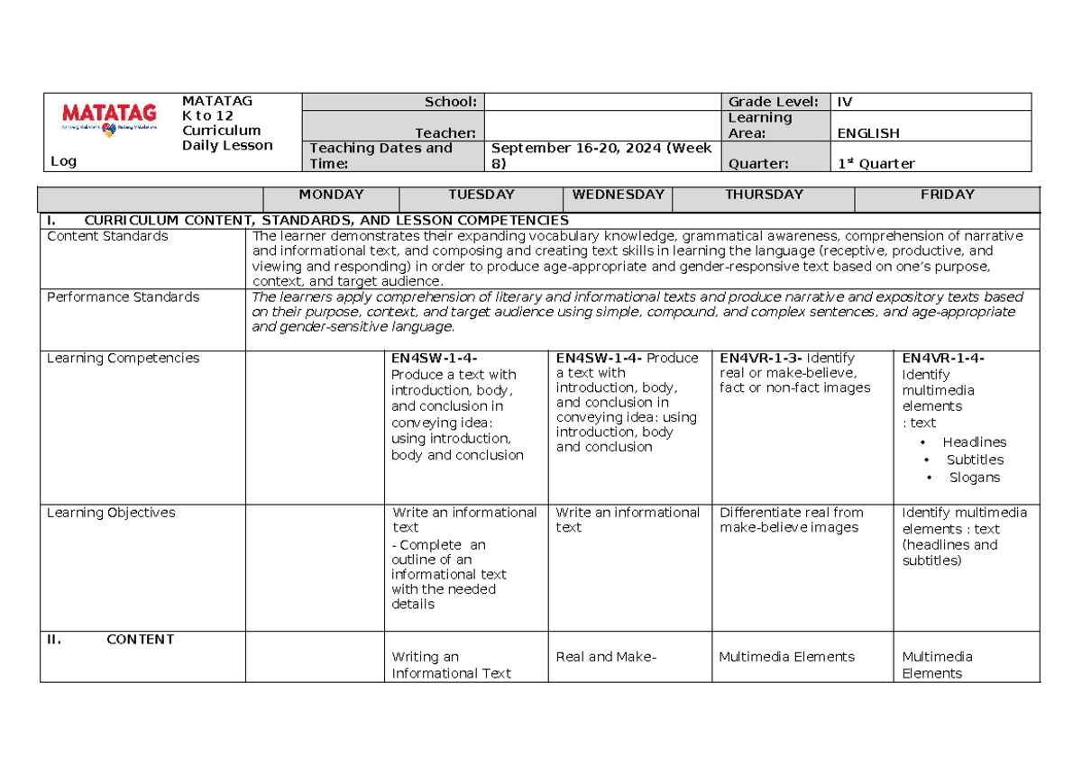 MATATAG K to 12 Curriculum Daily Lesson Log: English 4 (Week 8) - Studocu