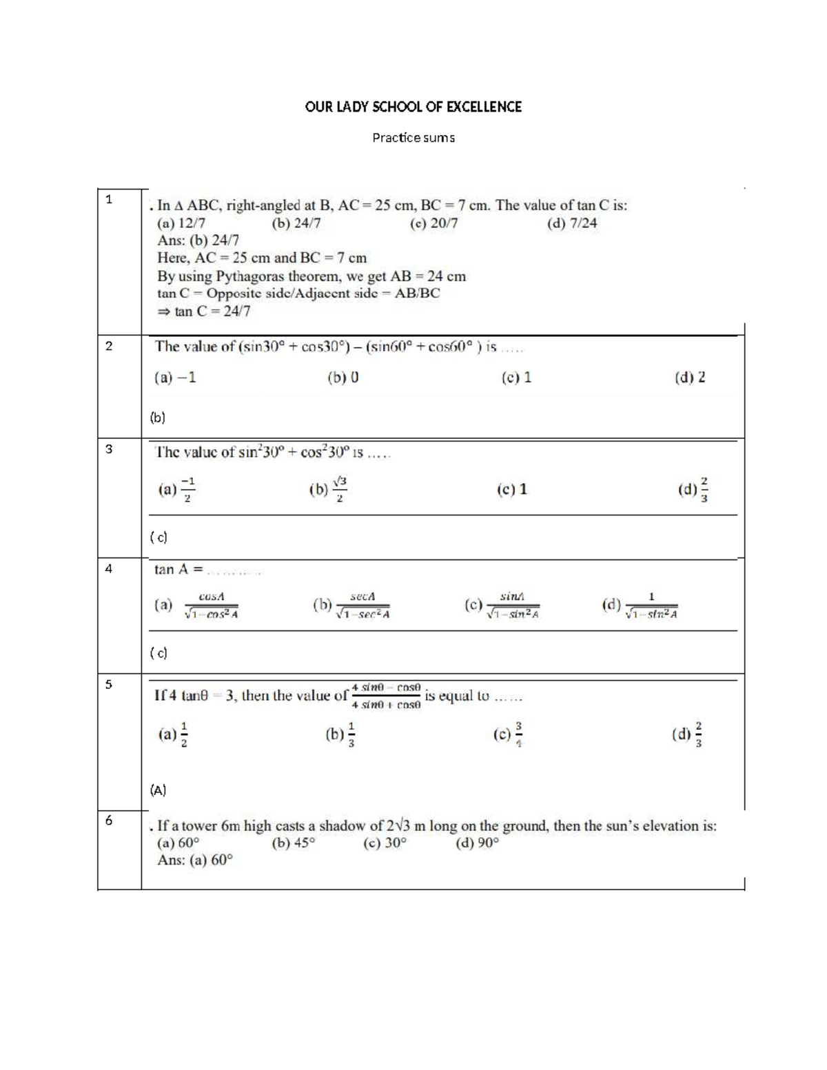 OUR LADY SCHOOL OF EXCELLENCE Gr 10 Term 1 Practice Sums - Studocu