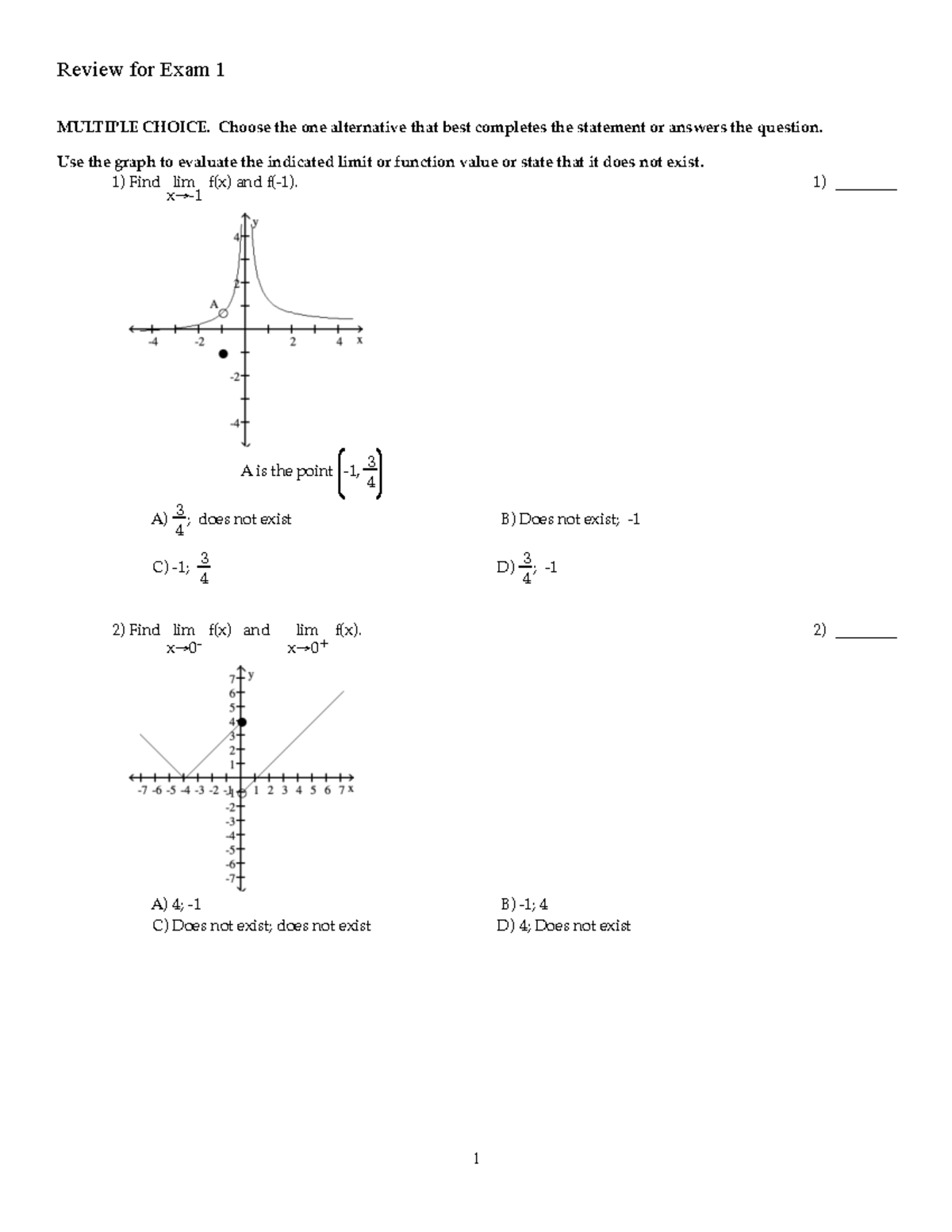 Review for Exam 1 (Calculus) - Limits, Graphs & Evaluations - Studocu