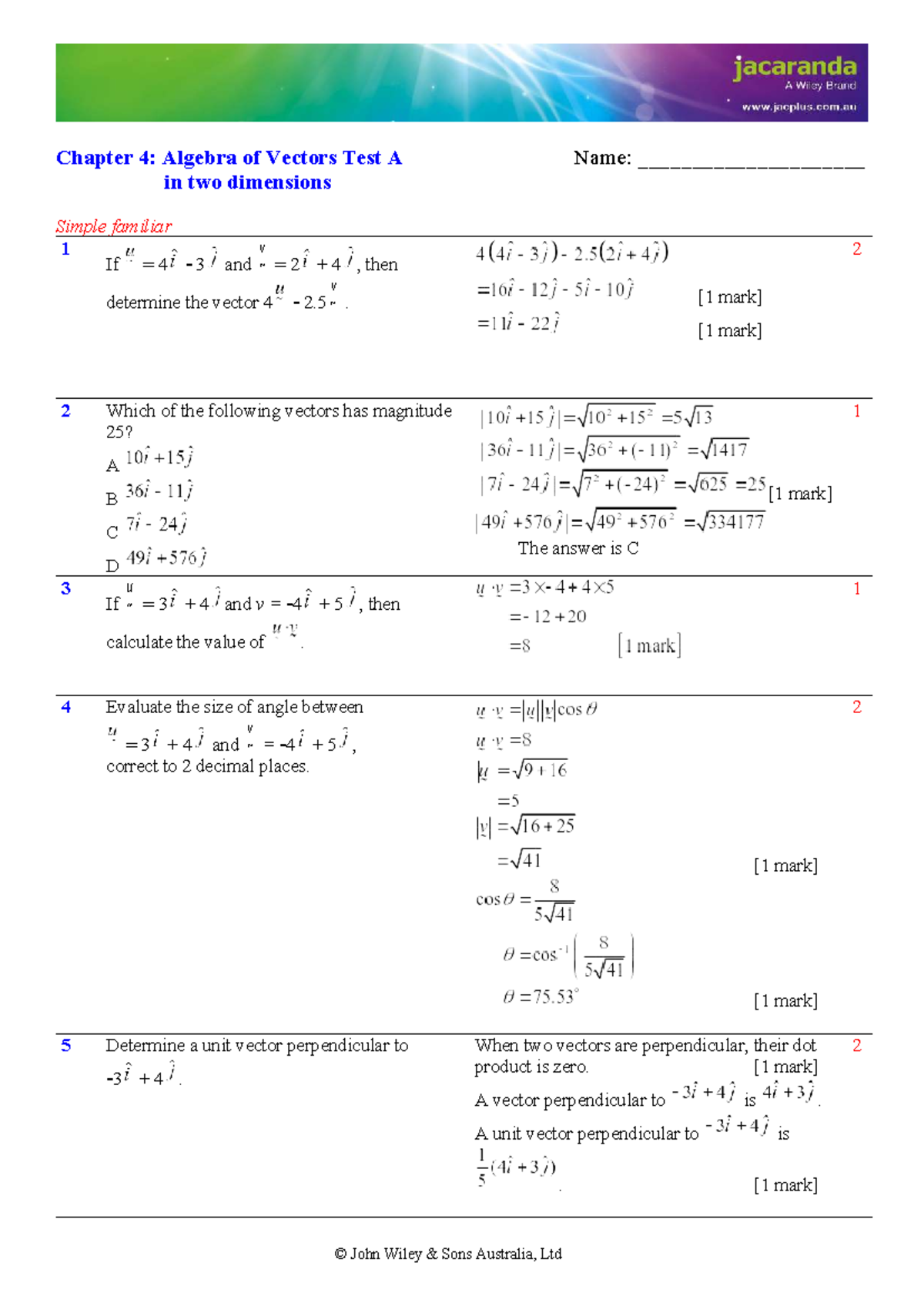 Chapter 4: Algebra of Vectors Test A Answers - Maths Quest 11 - Studocu