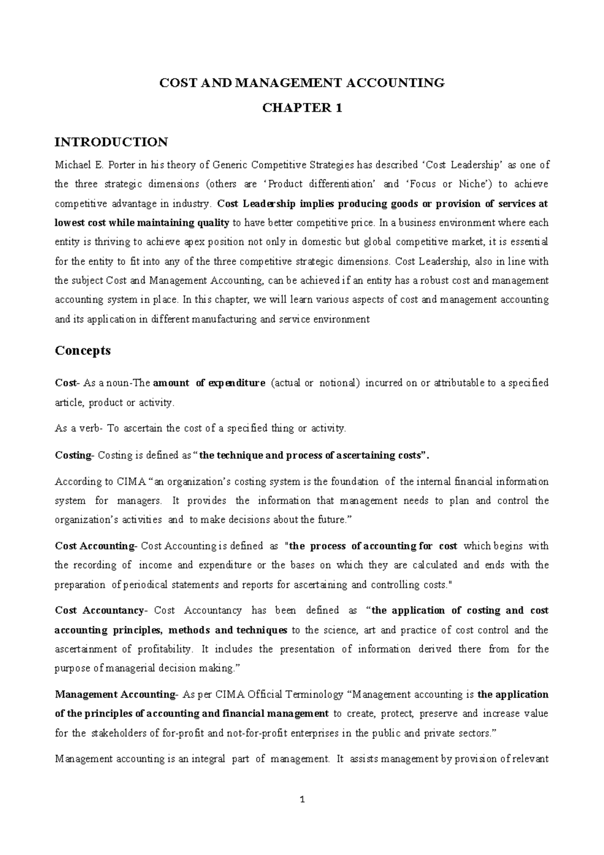 COST AND MANAGEMENT ACCOUNTING CHAPTER 1: INTRODUCTION AND CONCEPTS ...