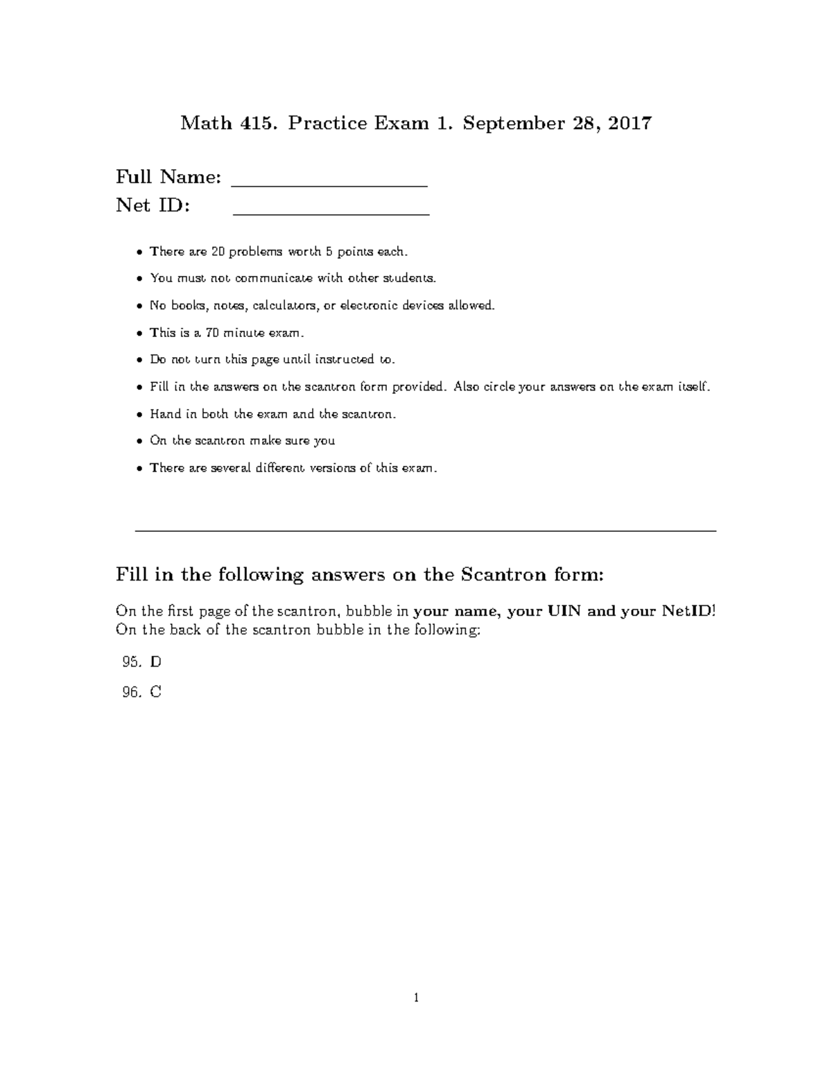 MATH415 FALL2017 Midterm 1 Practice Exam Solutions - Studocu