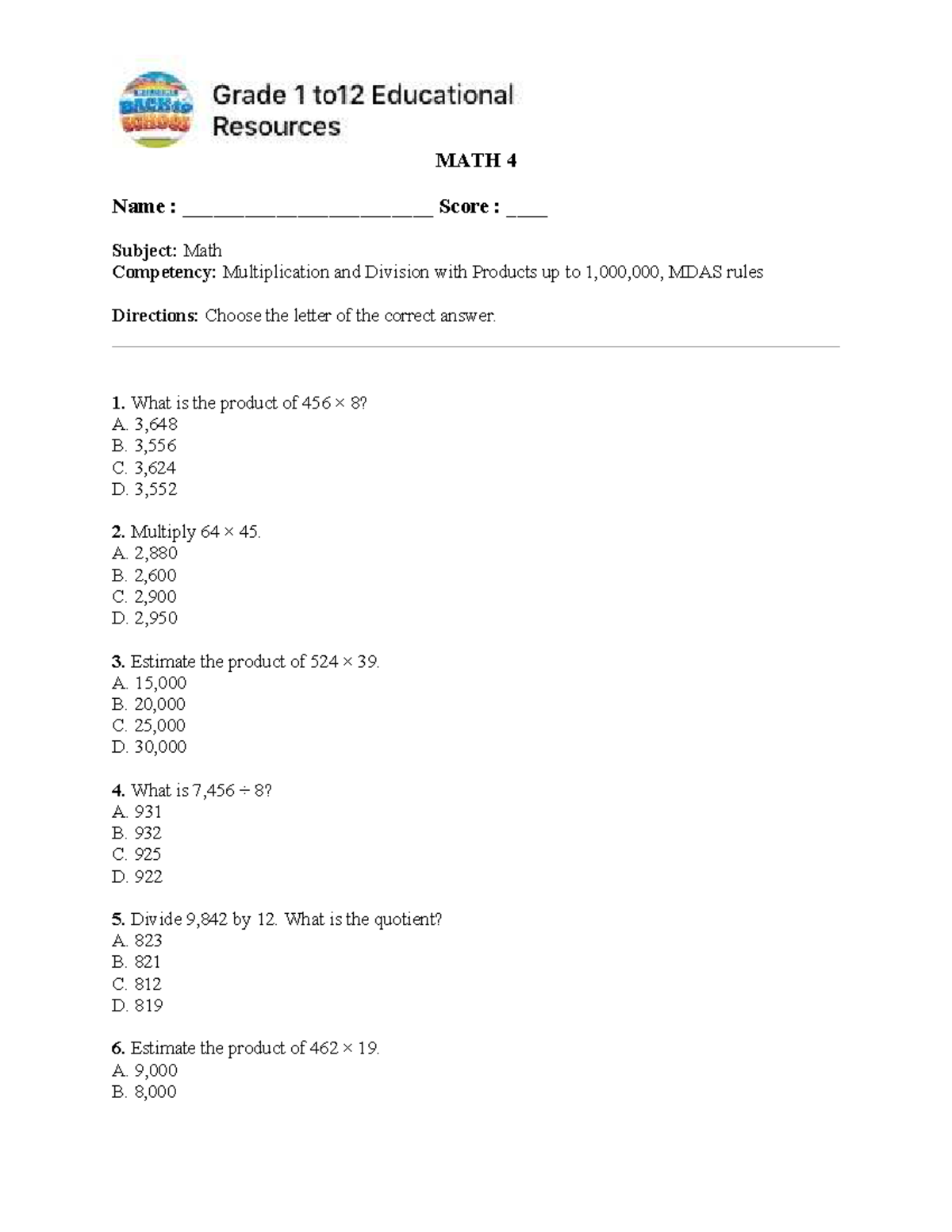 MATH 4 Final Exam Reviewer: Multiplication & Division MDAS - Studocu