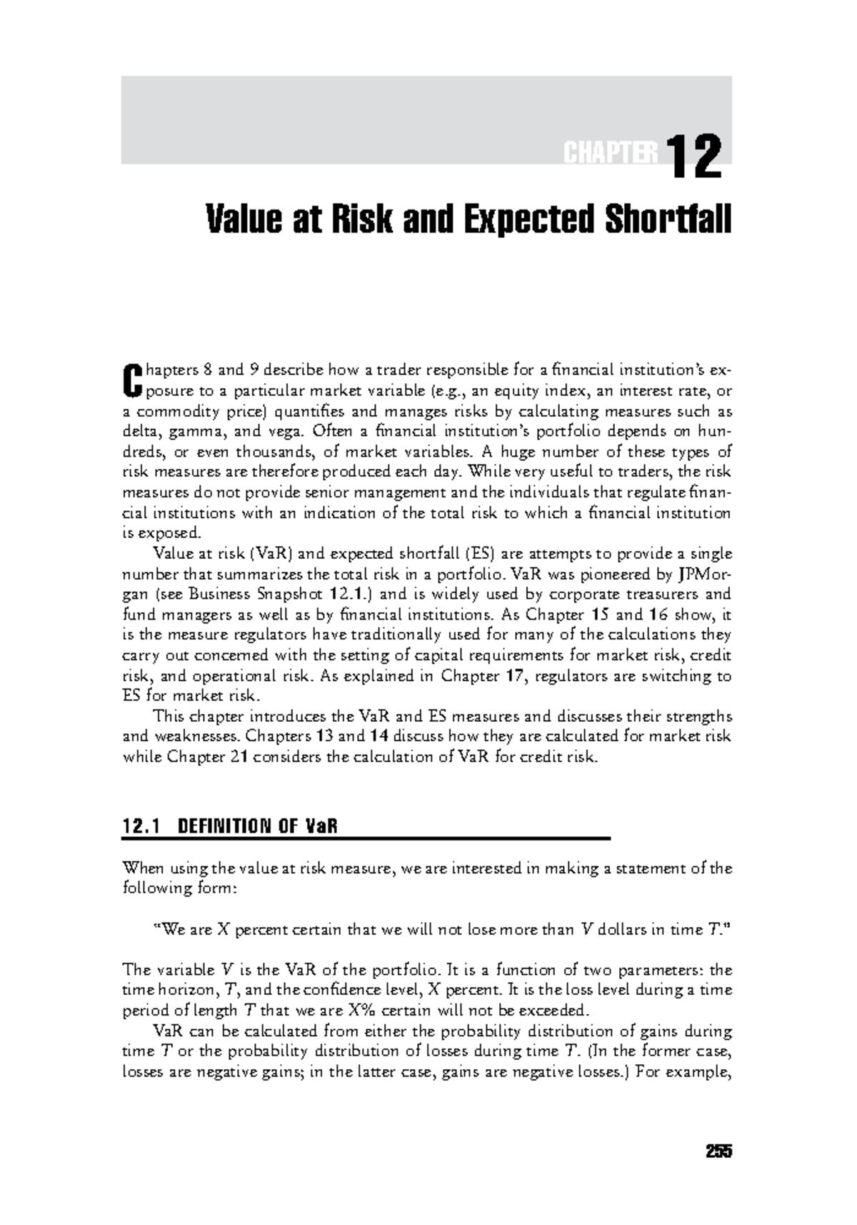 CHAPTER 12 Value at Risk (VaR) and Expected Shortfall (ES) Analysis ...