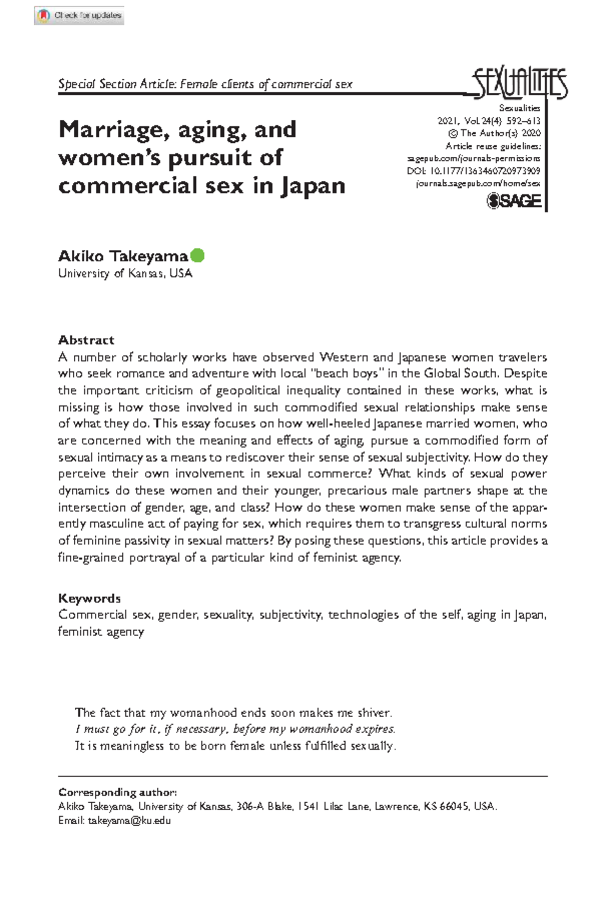 Marriage, Aging, and Women's Pursuit of Commercial Sex in Japan - Studocu