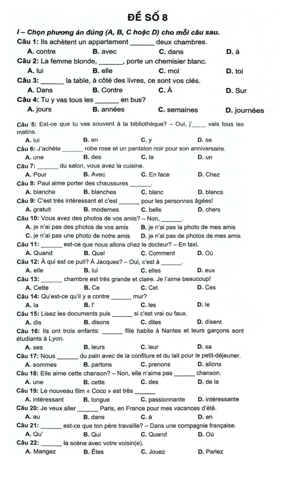 PDE SO 8 I Quiz: Choix Multiples en Français (A, B, C, D) - Studocu