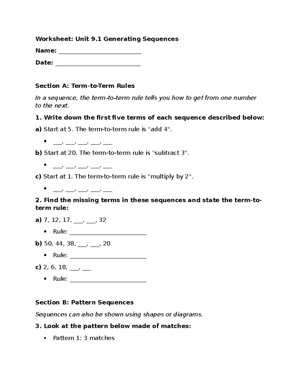 Worksheet: TV - Math Unit 9.1 Generating Sequences - Studocu