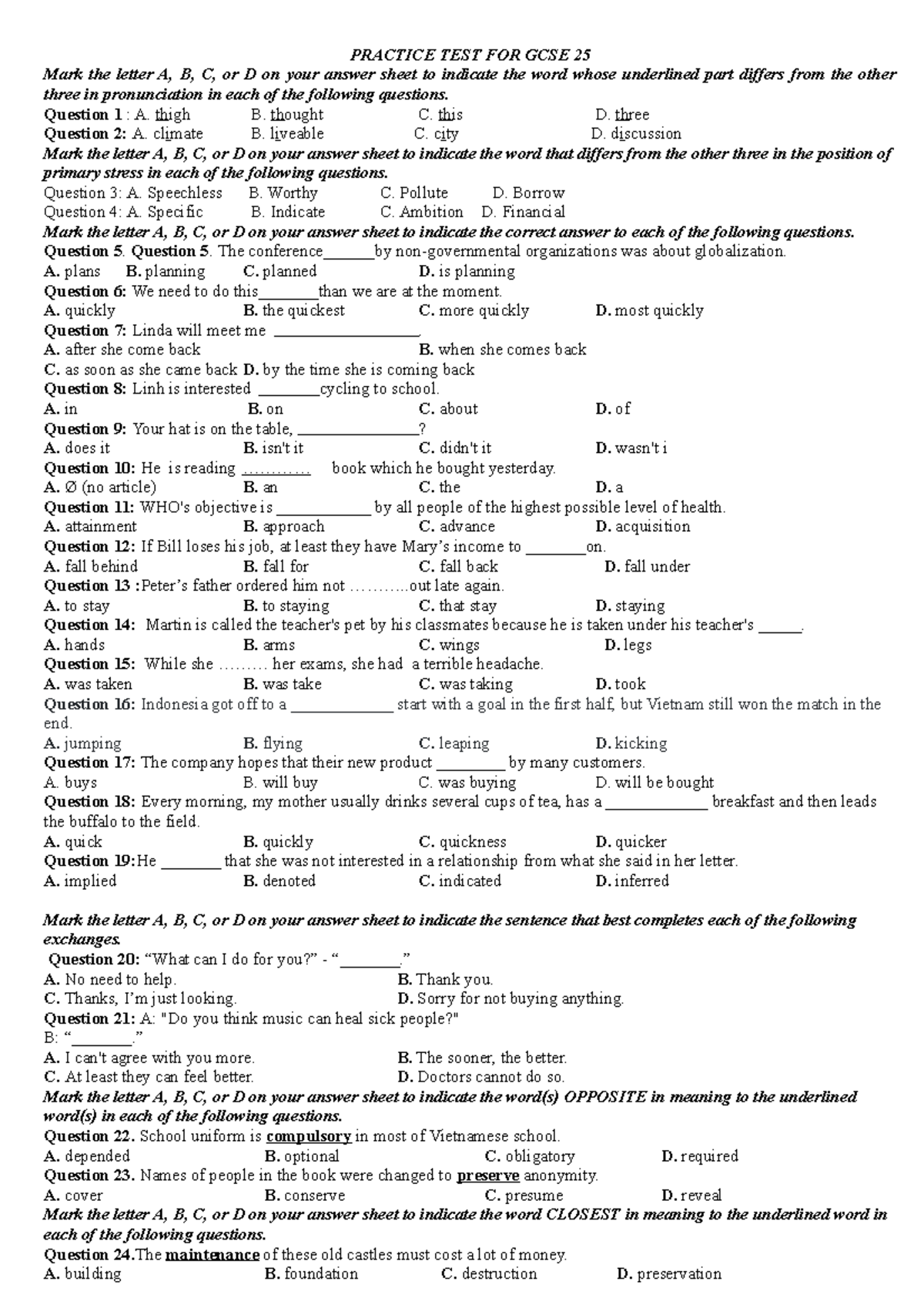 Practice TEST FOR GCSE 25 - PRACTICE TEST FOR GCSE 25 Mark the letter A ...