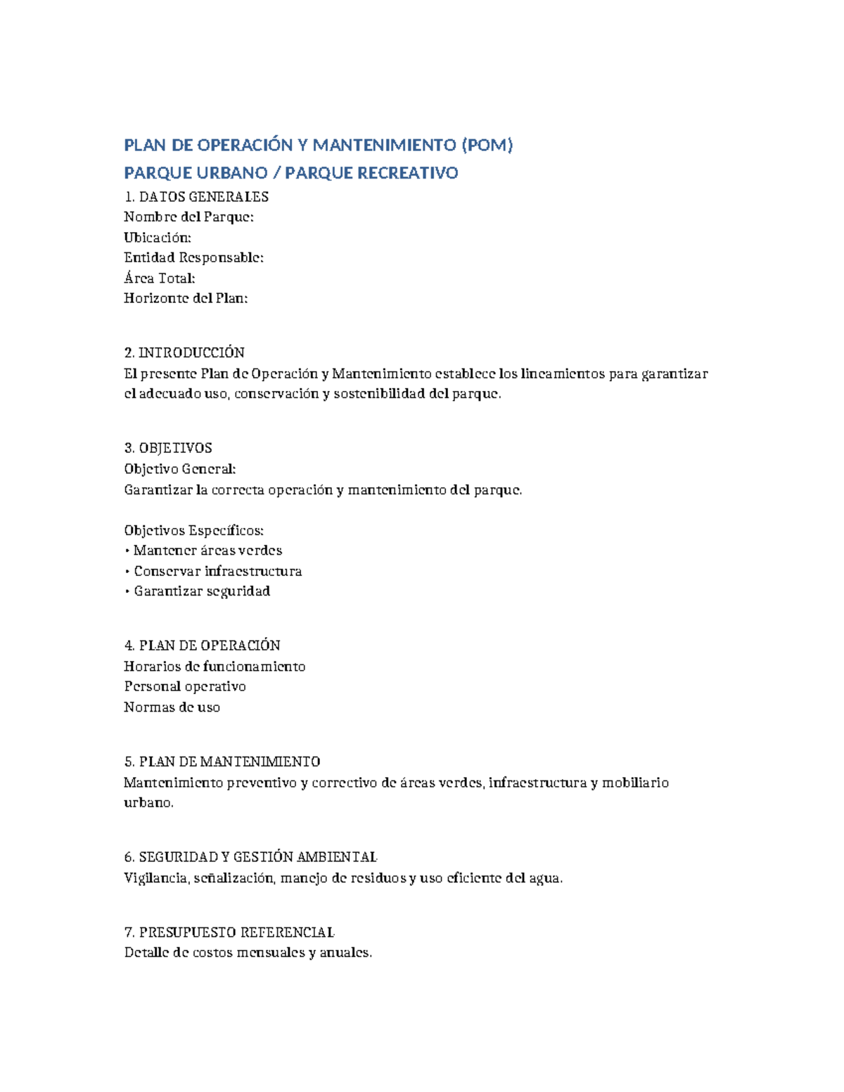 Plan de Operación y Mantenimiento del Parque Recreativo 1 - Document Preview