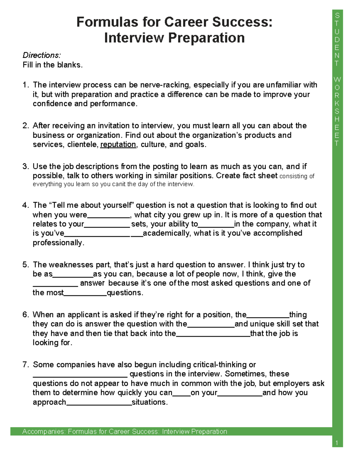 Interview Preparation worksheet - Formulas for Career Success ...