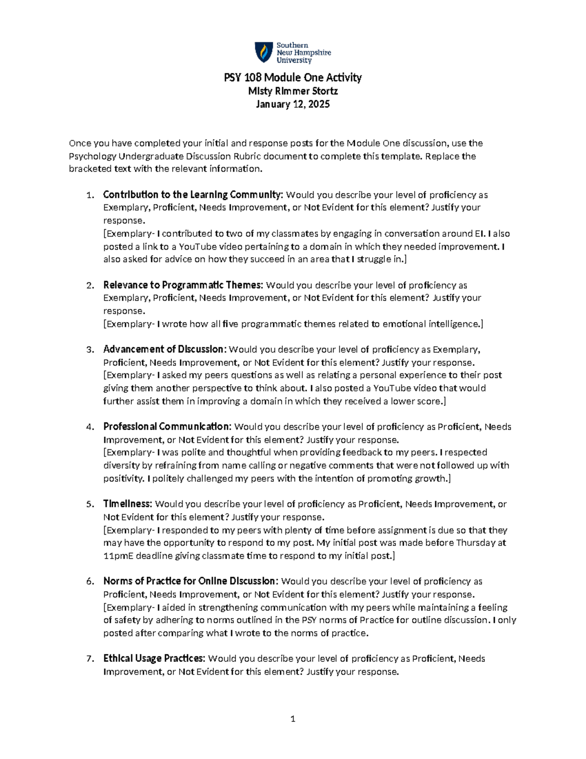 Psy 108 Module 1 Activity 1 Psy 108 Module One Activity Misty Rimmer