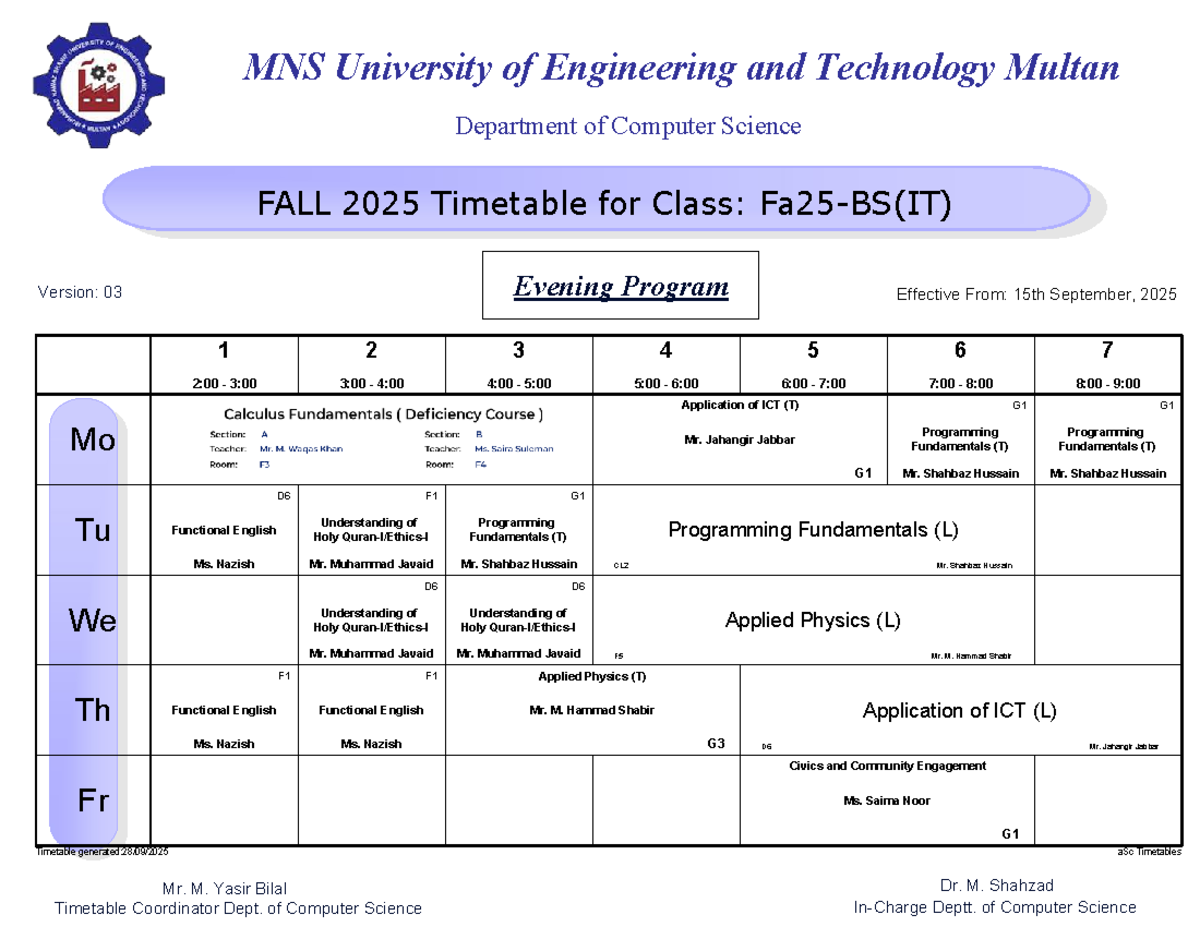 MNS University CS Evening Program FALL 2025 Timetable V3 - Studocu