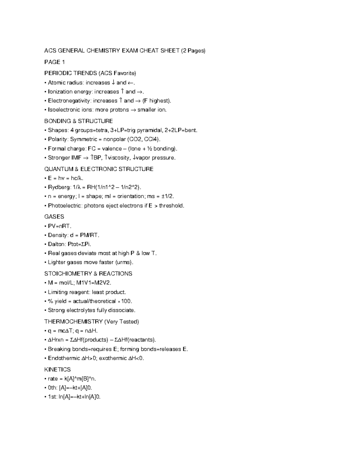 ACS GENERAL CHEMISTRY FINAL EXAM CHEAT SHEET (Condensed) - Studocu