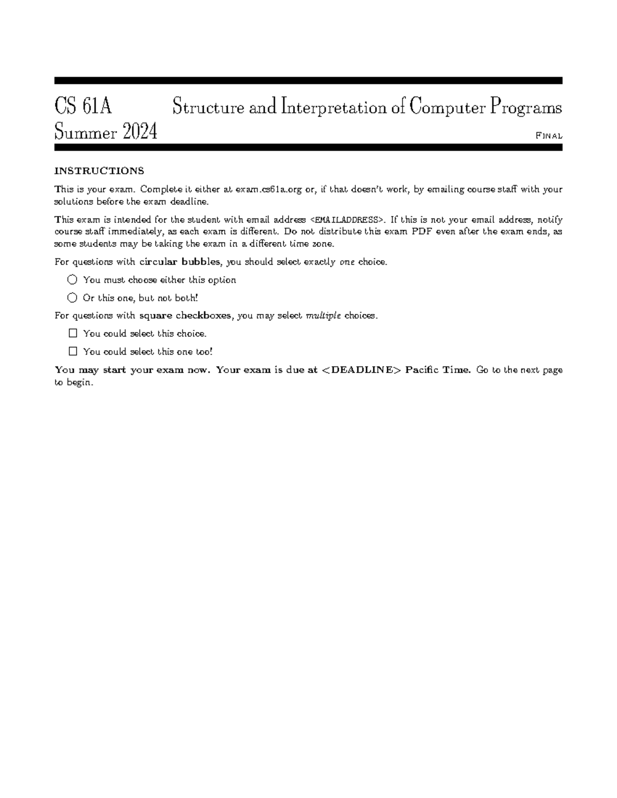 CS 61A Summer 2024 Final Exam Instructions and Guidelines - Studocu