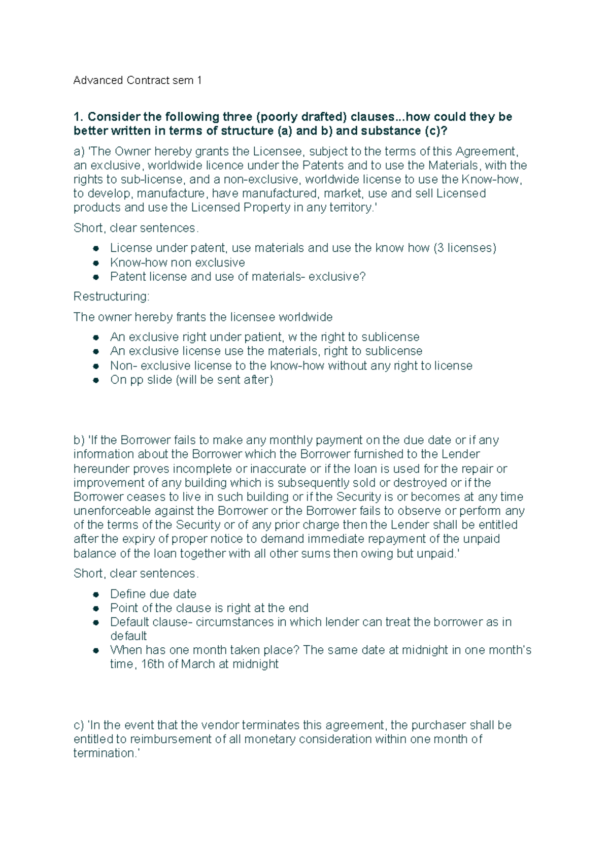 Advanced Contract Law: Improving Draft Clauses - Sem 1 - Studocu