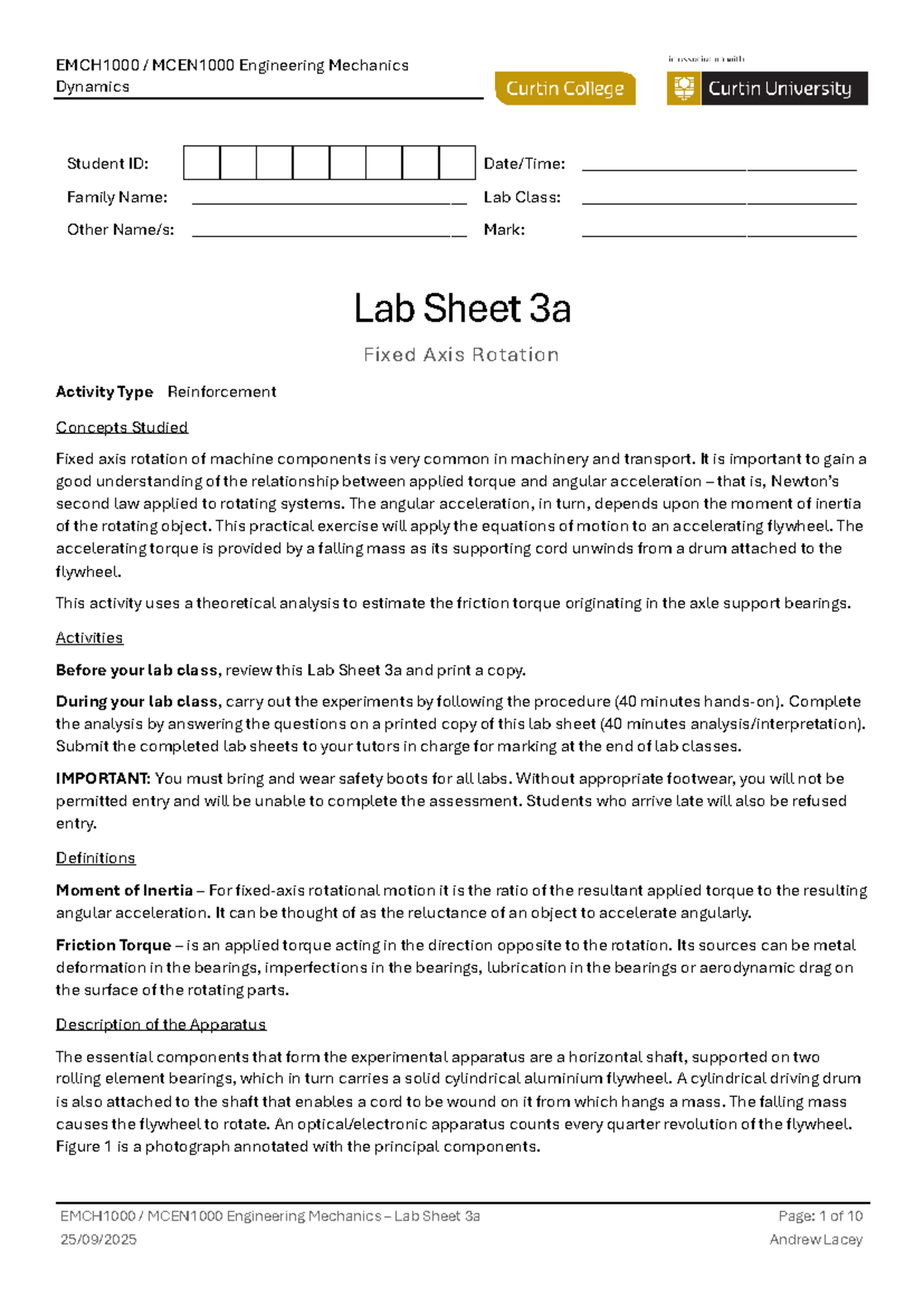 MCEN 3A Lab Sheet: Fixed Axis Rotation & Flywheel Dynamics - Studocu