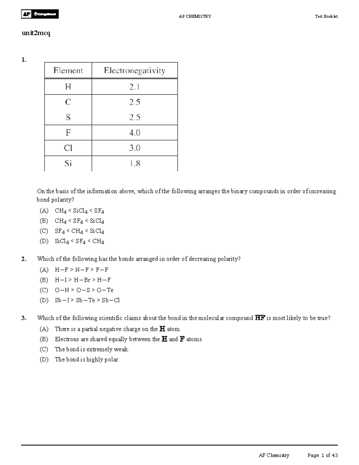AP CHEMISTRY Unit 2 MCQ Practice Test Booklet - Studocu
