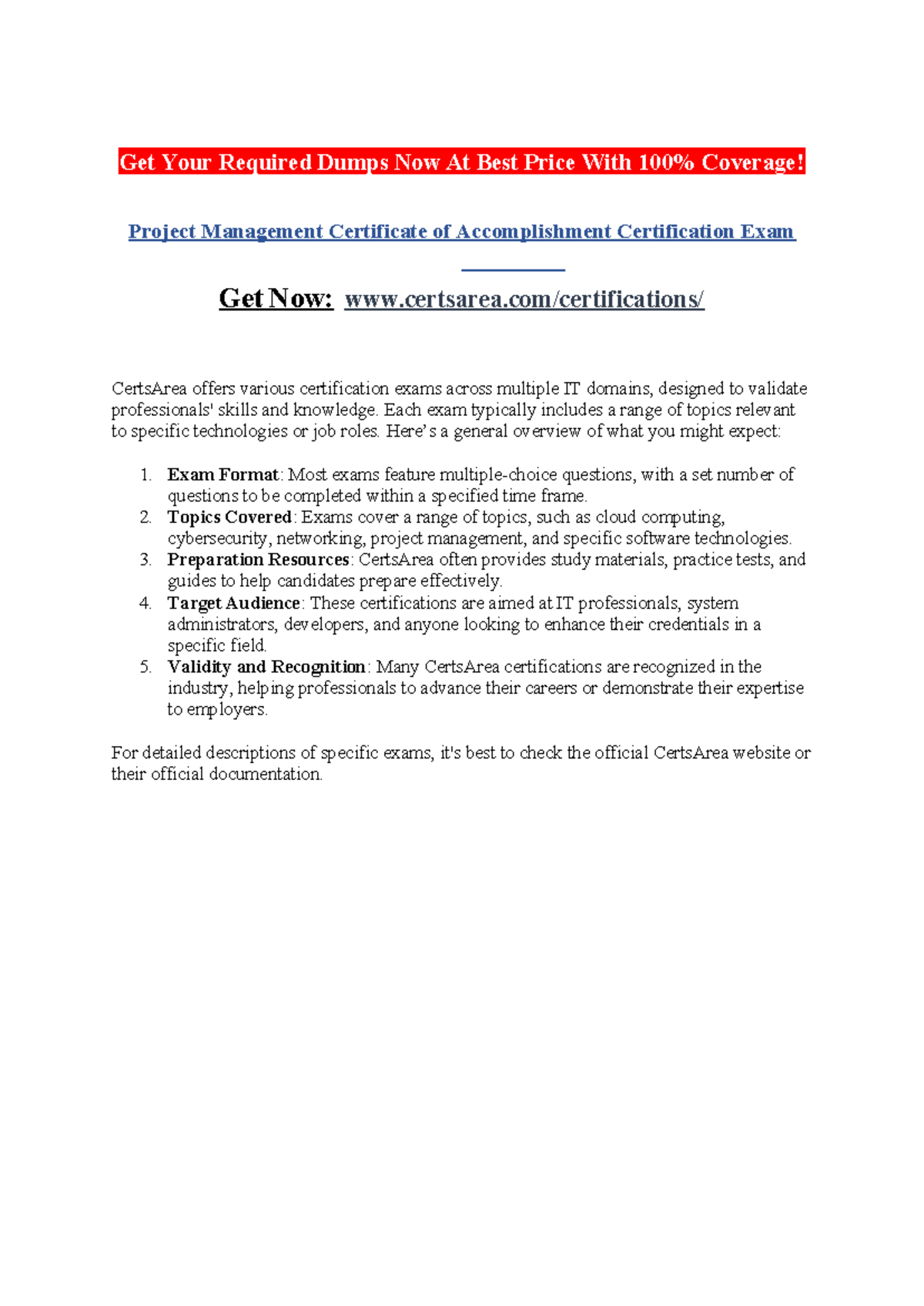 Project Management Certificate of Accomplishment Certification Exam ...