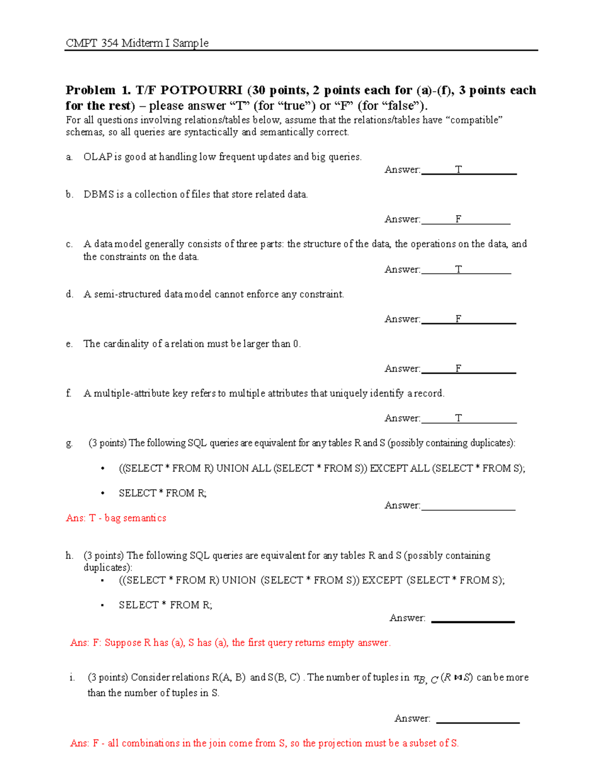 CMPT 354 Midterm I Sample Problems and Solutions - Studocu
