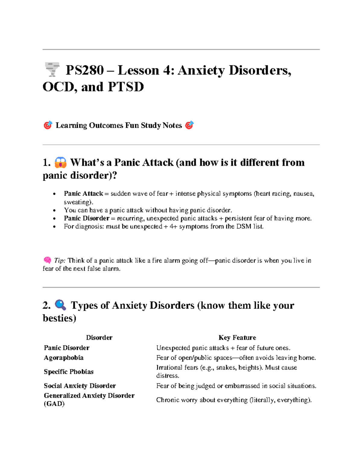 PS280 Chapter 4: Anxiety Disorders, OCD, and PTSD Study Notes - Studocu