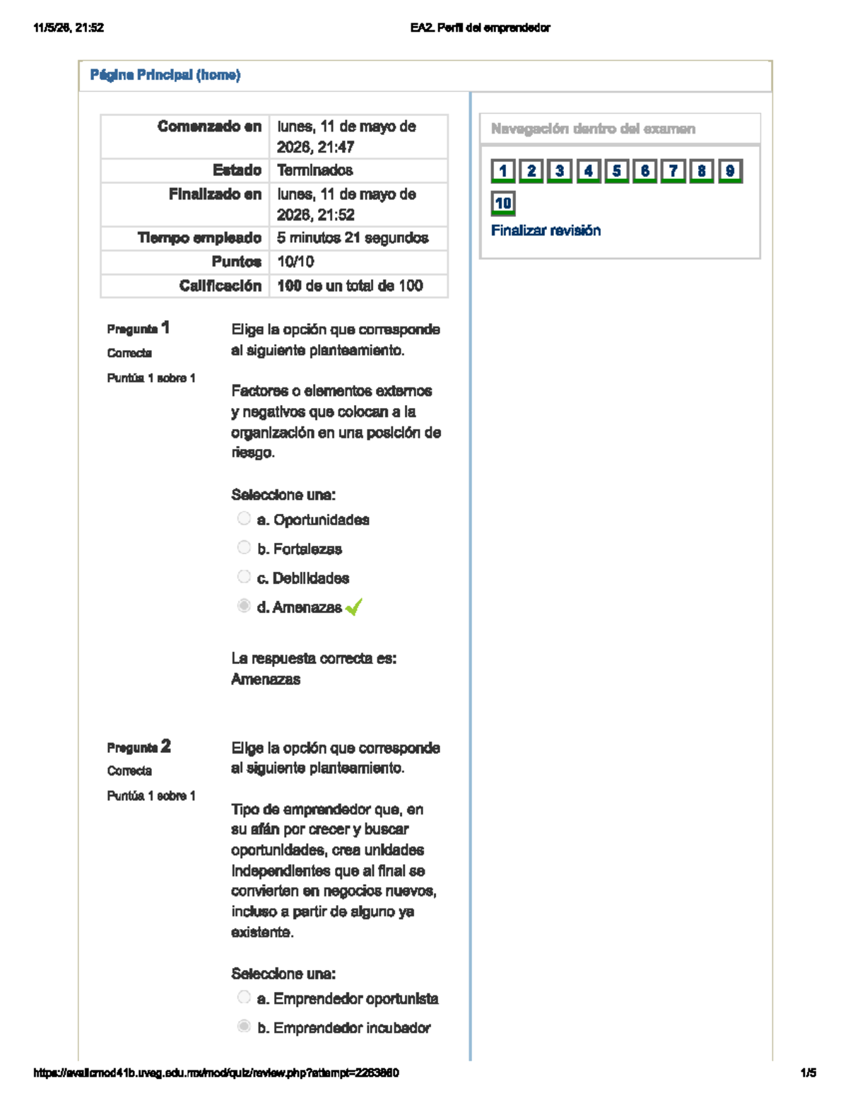 EA2. Examen Final: Perfil del Emprendedor - Calificación 100 - Studocu
