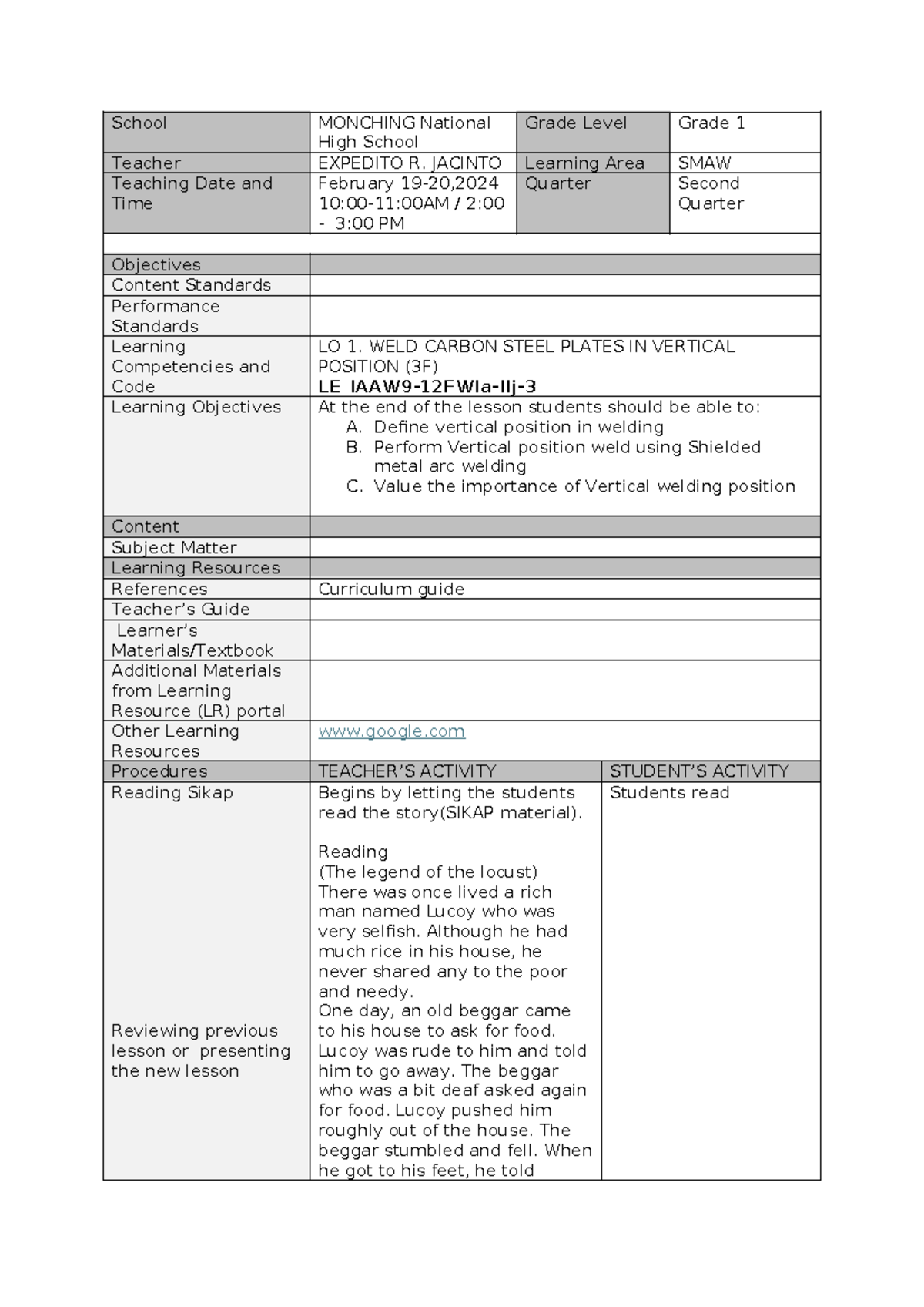 LP - Preparation for Tack Weld in SMAW (Grade 1, 2nd Quarter) - Studocu