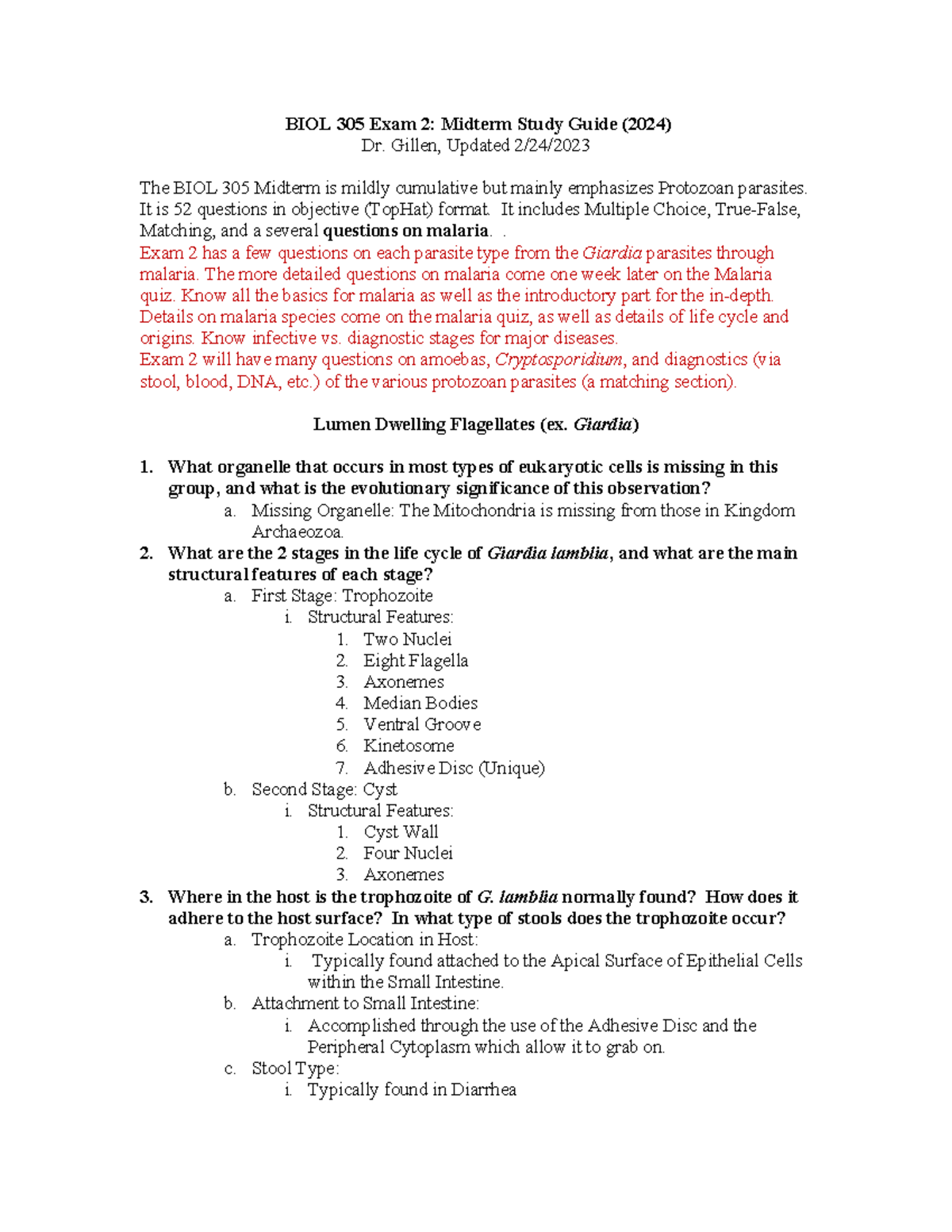 BIOL 305 Exam 2: Midterm Study Guide on Protozoan Parasites - Studocu