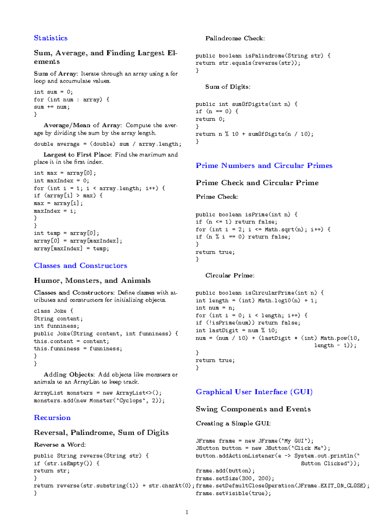 Java Exam Cheat Sheet: Key Topics in Stats, Classes, Recursion & GUI ...