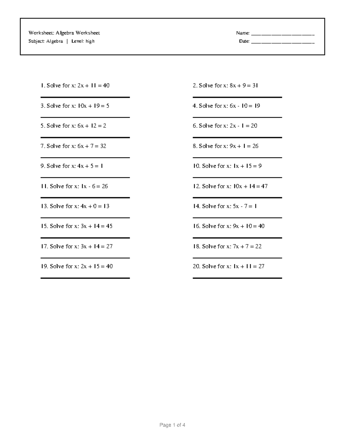 Algebra Worksheet 10: Solve for x and Word Problems - Studocu