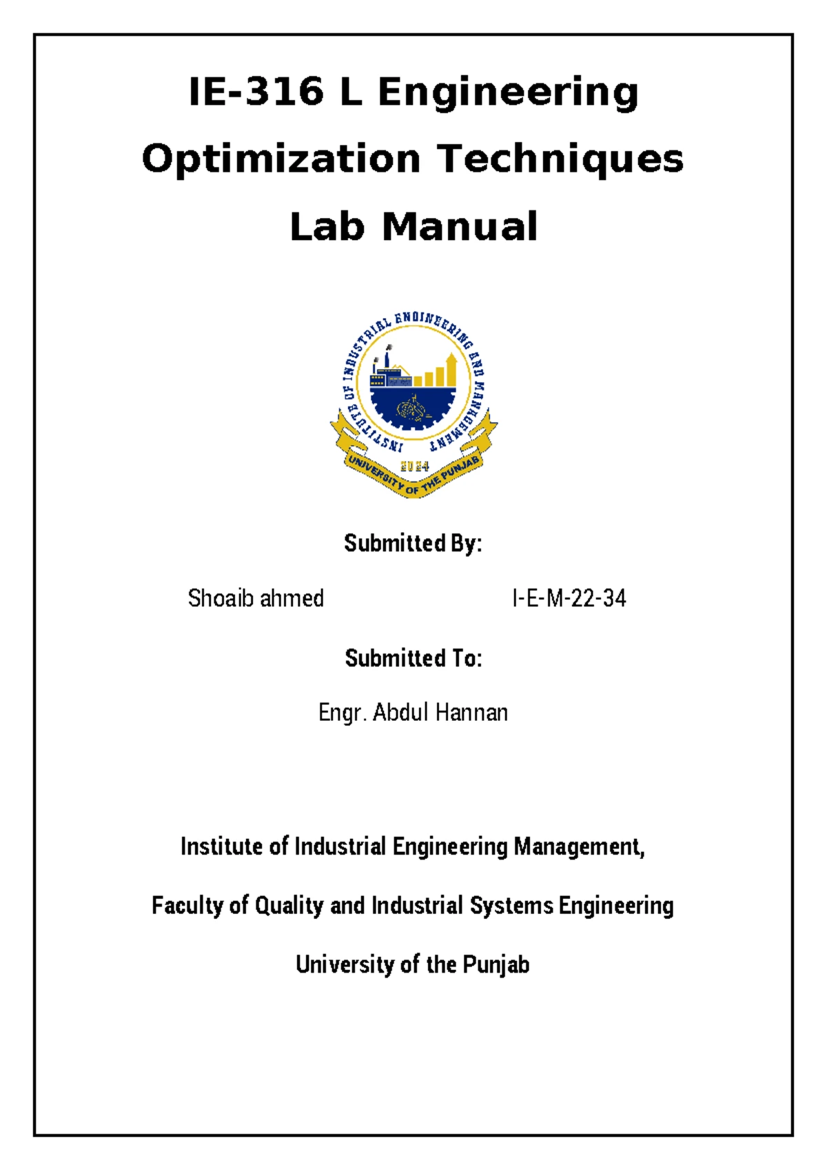 Lab Manual: Engineering Optimization Techniques (IEM-22-34) - Studocu