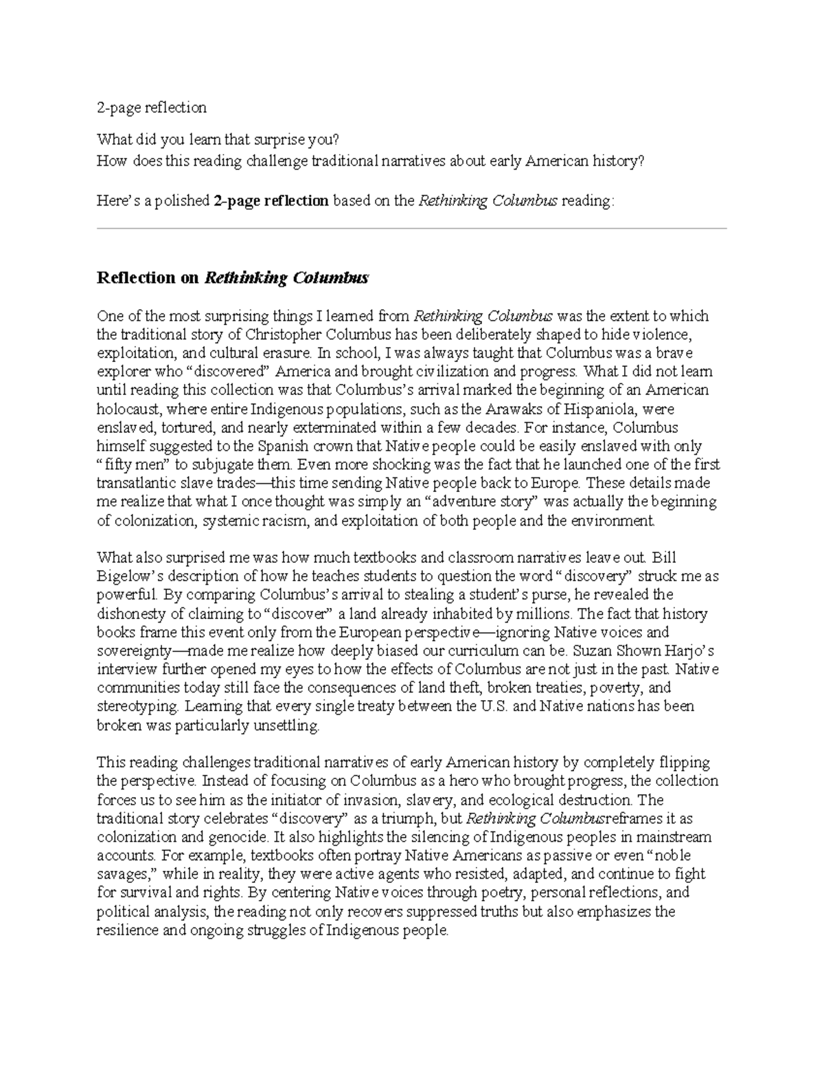 R.C. Reflection: Rethinking Columbus and Its Impact on History - Studocu