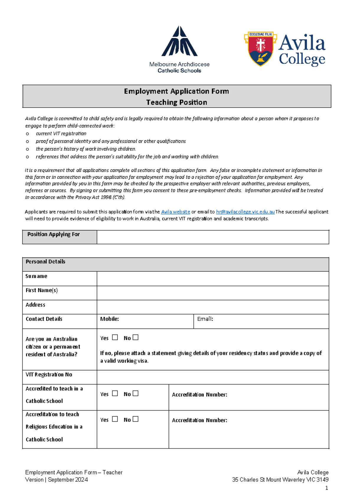 Teaching Application Form Avila College - Employment Application Form ...