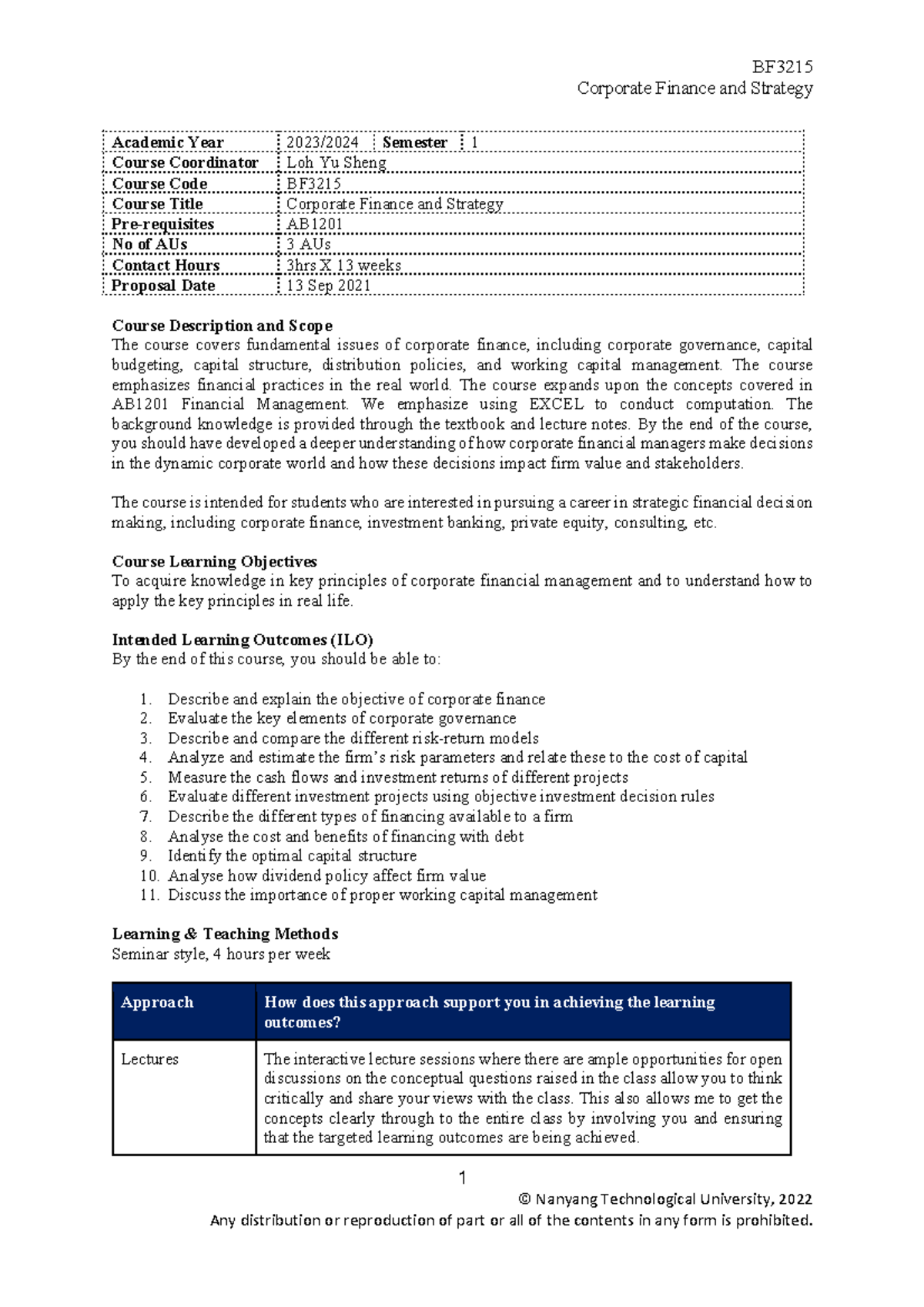 BF Corporate Finance & Strategy Course Outline AY 2023/2024 - Studocu