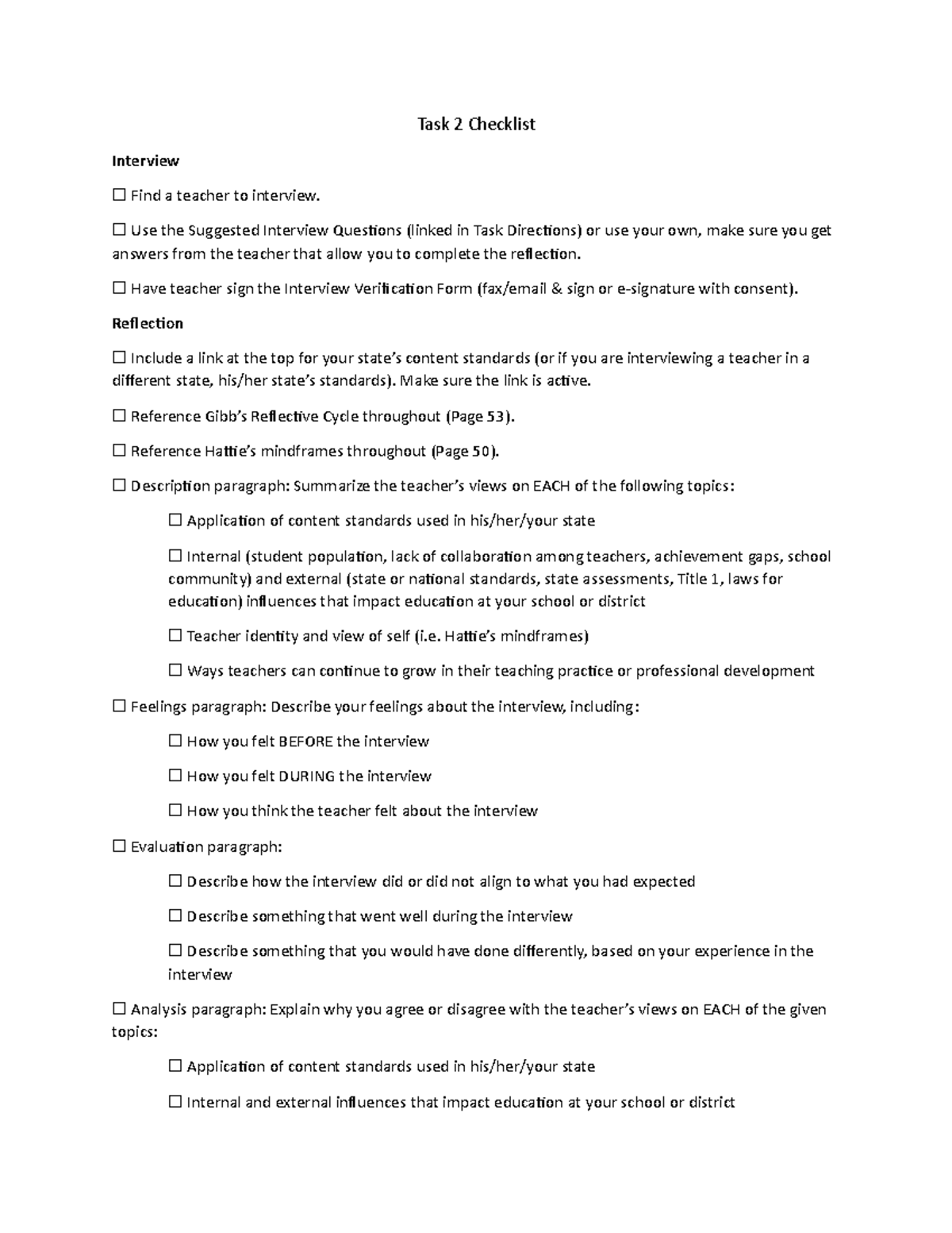 Task 2 Checklist: Interview & Reflection on Educational Foundations ...