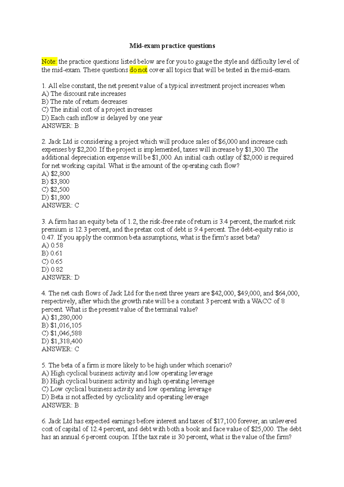 Midterm Exam Practice Questions - Financial Analysis Concepts - Studocu