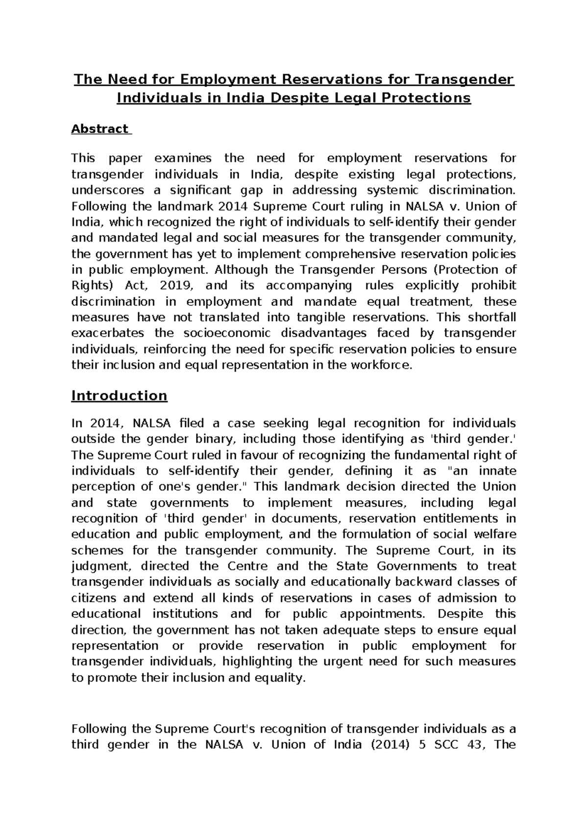 Research Paper on TG - The Necessity of Employment Reservations for ...