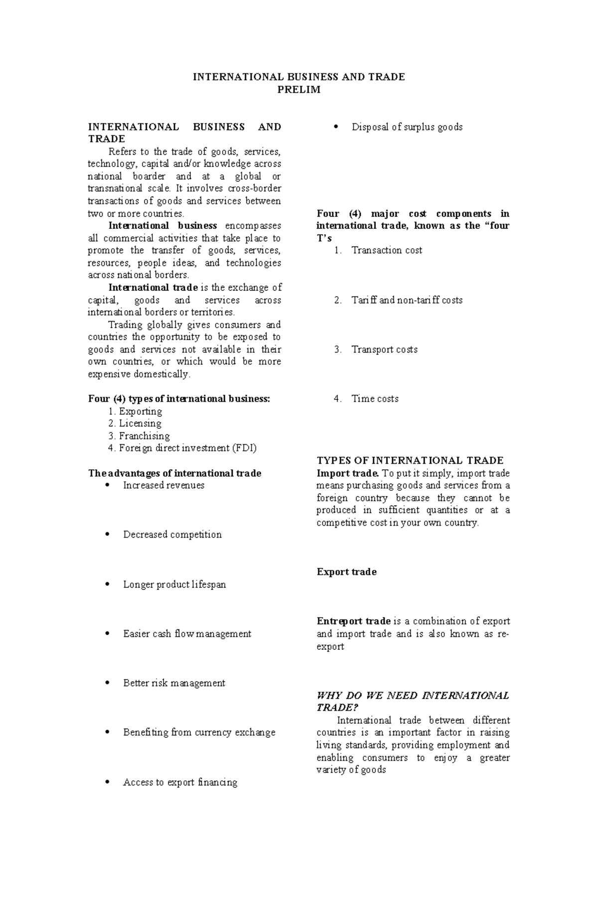 IBT 1 - International Business & Trade Midterm Overview - Studocu