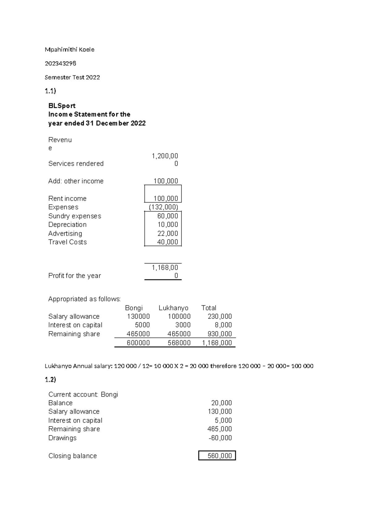 ACG121 Semester Test 1: Financial Statements & Appropriation Accounts ...