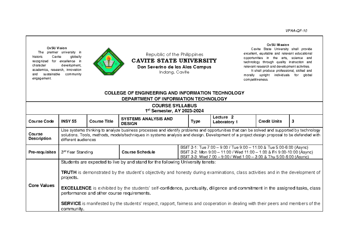 INSY 55 Syllabus: Systems Analysis and Design for 1st Sem AY 2023-2024 ...