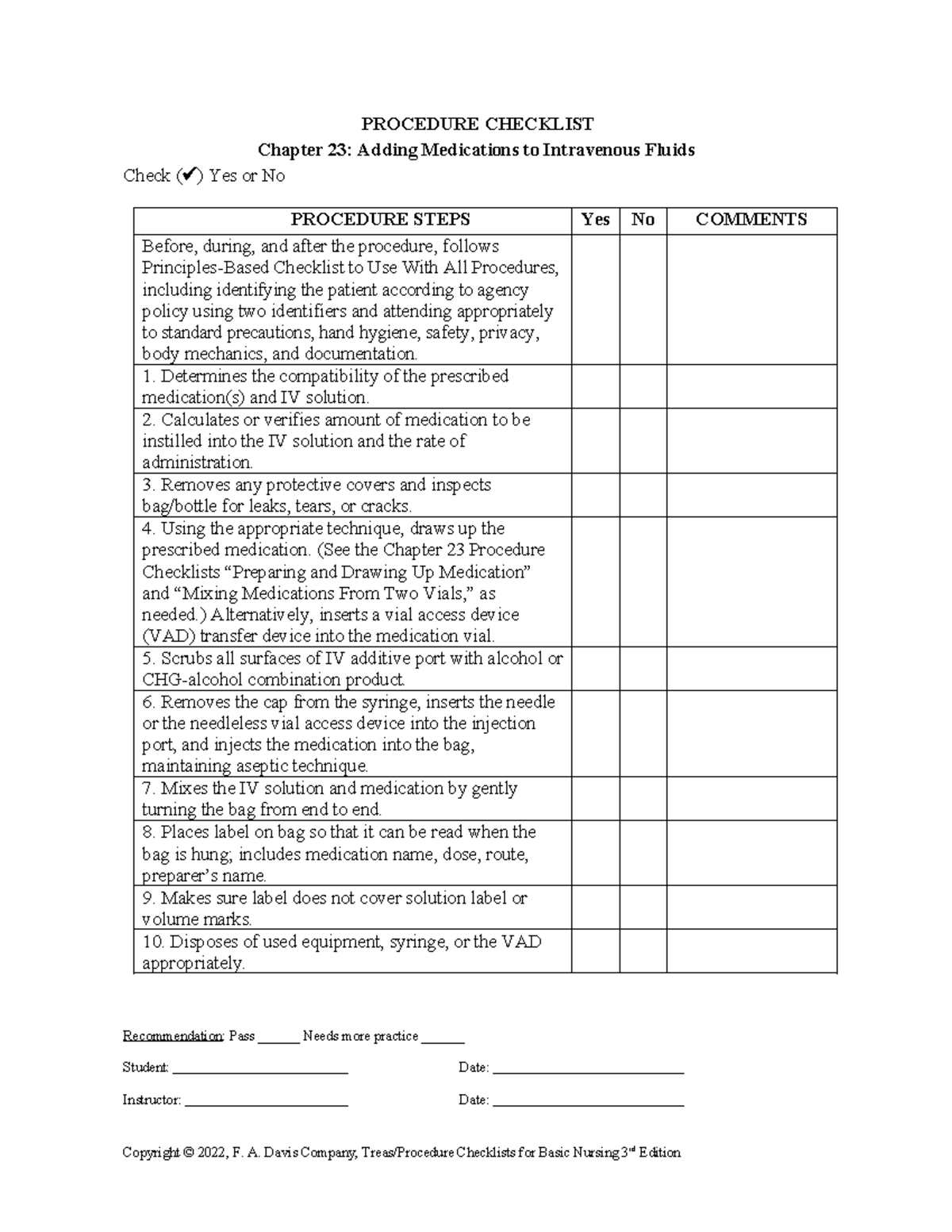 Nursing 23-15: Procedure Checklist for Adding Medications to IV Fluids ...