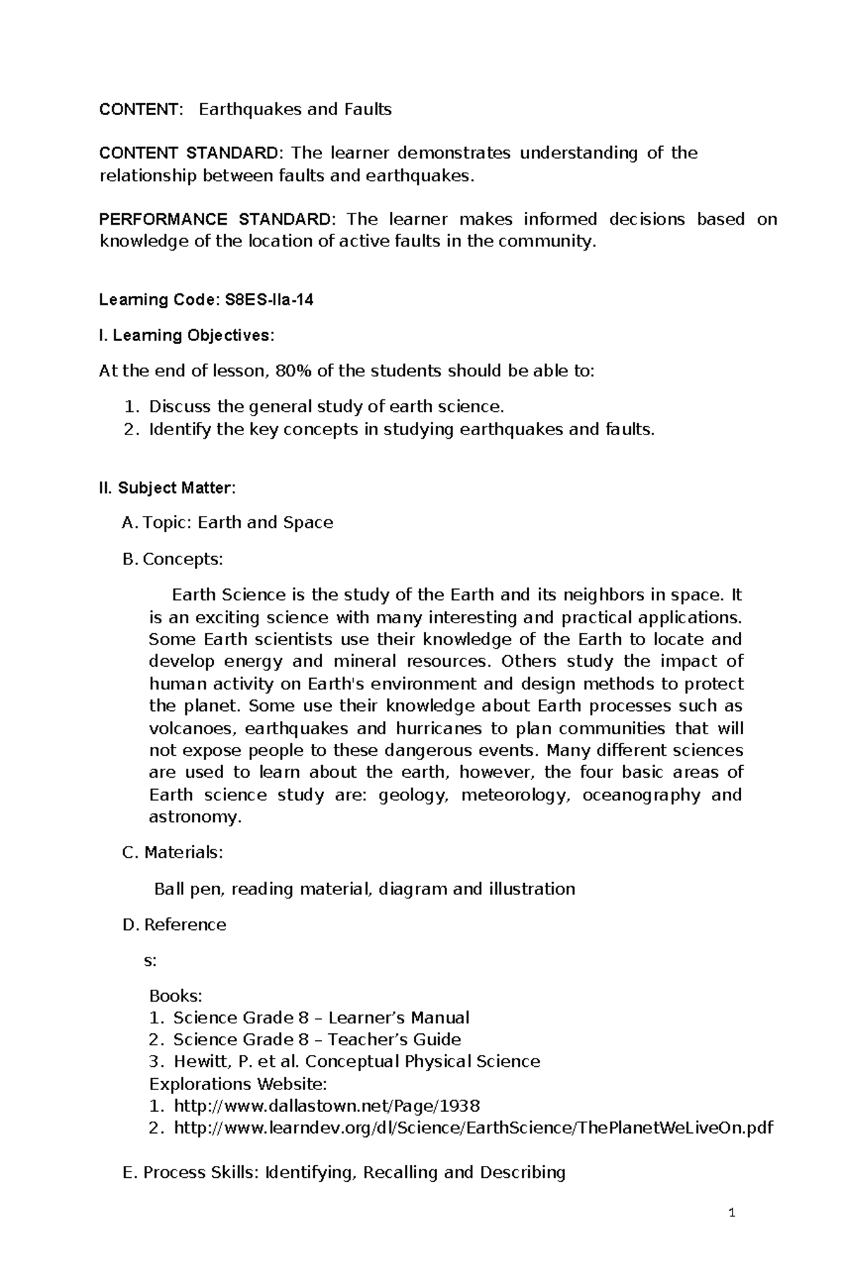 Complete DLP Lesson Plan - Science 8 - Earthquakes & Faults - Q2 - Studocu