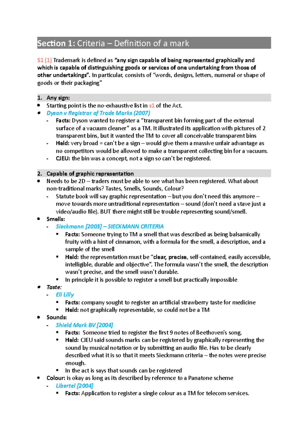 Trademark cheat sheet - Lecture notes 1 - Section 1: Criteria ...