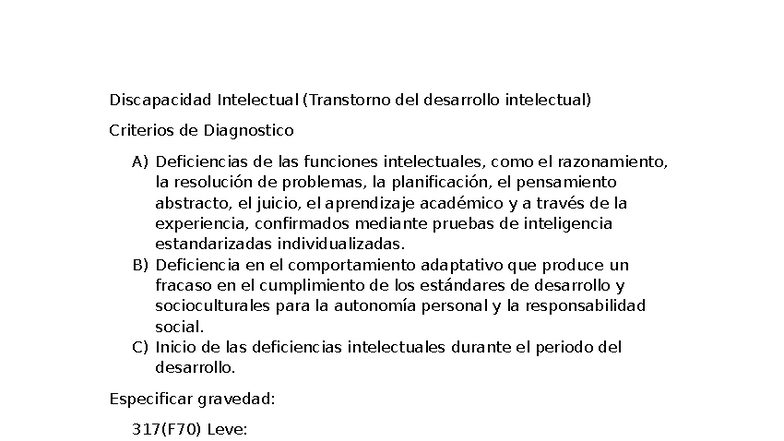 Criterios de Diagnóstico para Discapacidad Intelectual (F70-F73) - Studocu